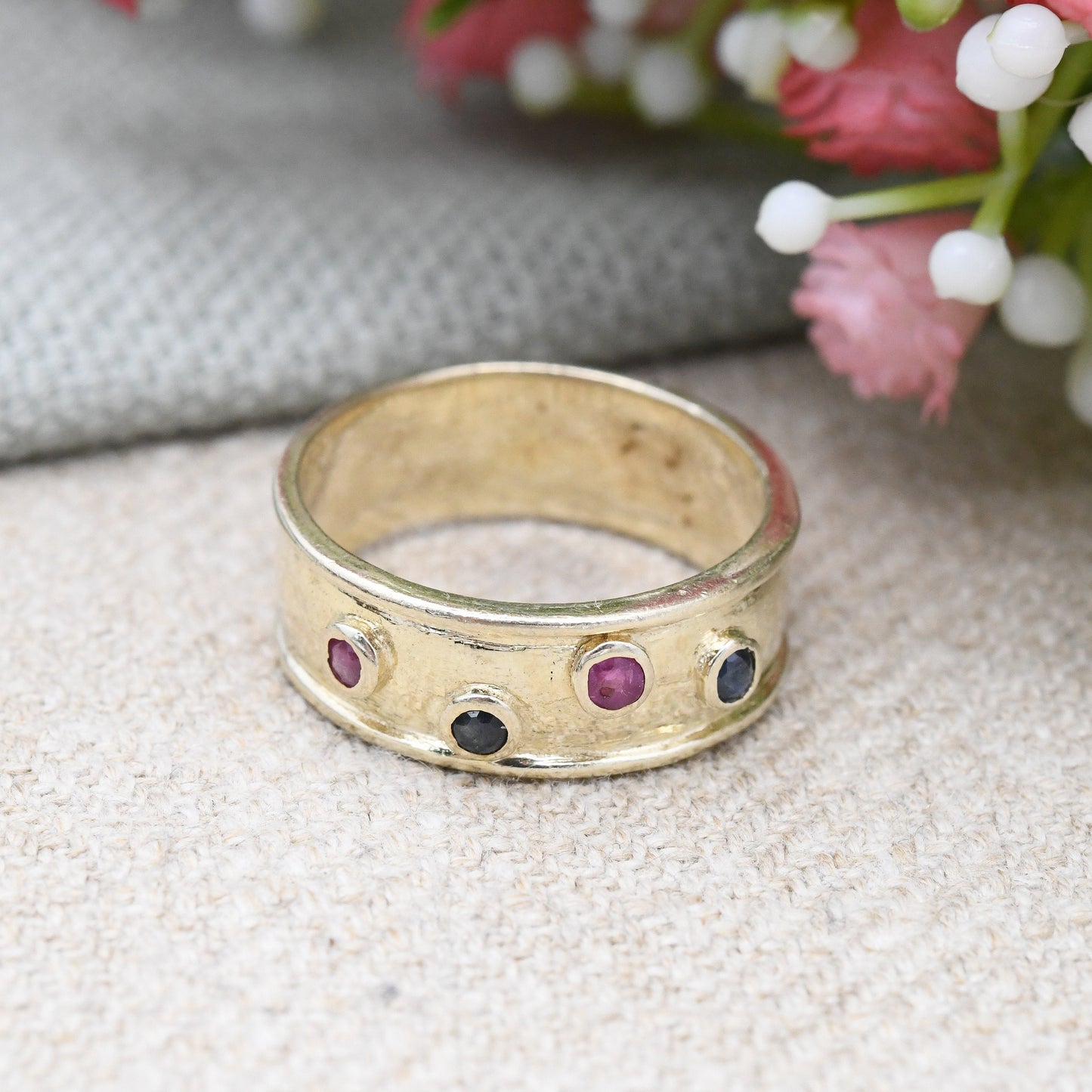 Vintage Sterling Silver Ruby and Sapphire Ring Gold Plated - Pretty Gemstone Jewellery Gift for Her | UK Size - O 1/2 | US Size - 7 1/2