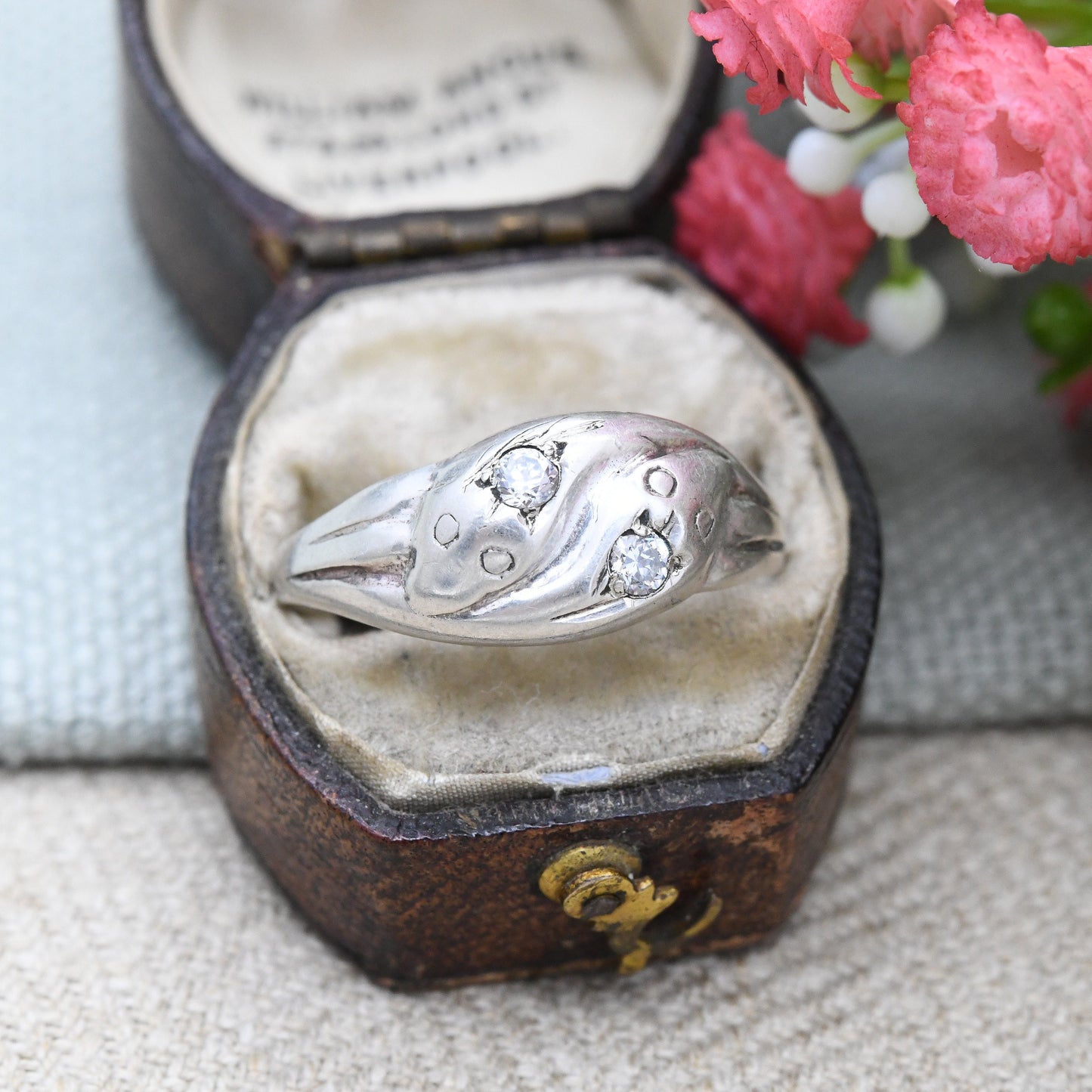 Vintage Sterling Silver Snake Ring with Double Heads - Coiled Two Headed Snake Band Set with Clear Stones | UK Size - U | US Size - 10