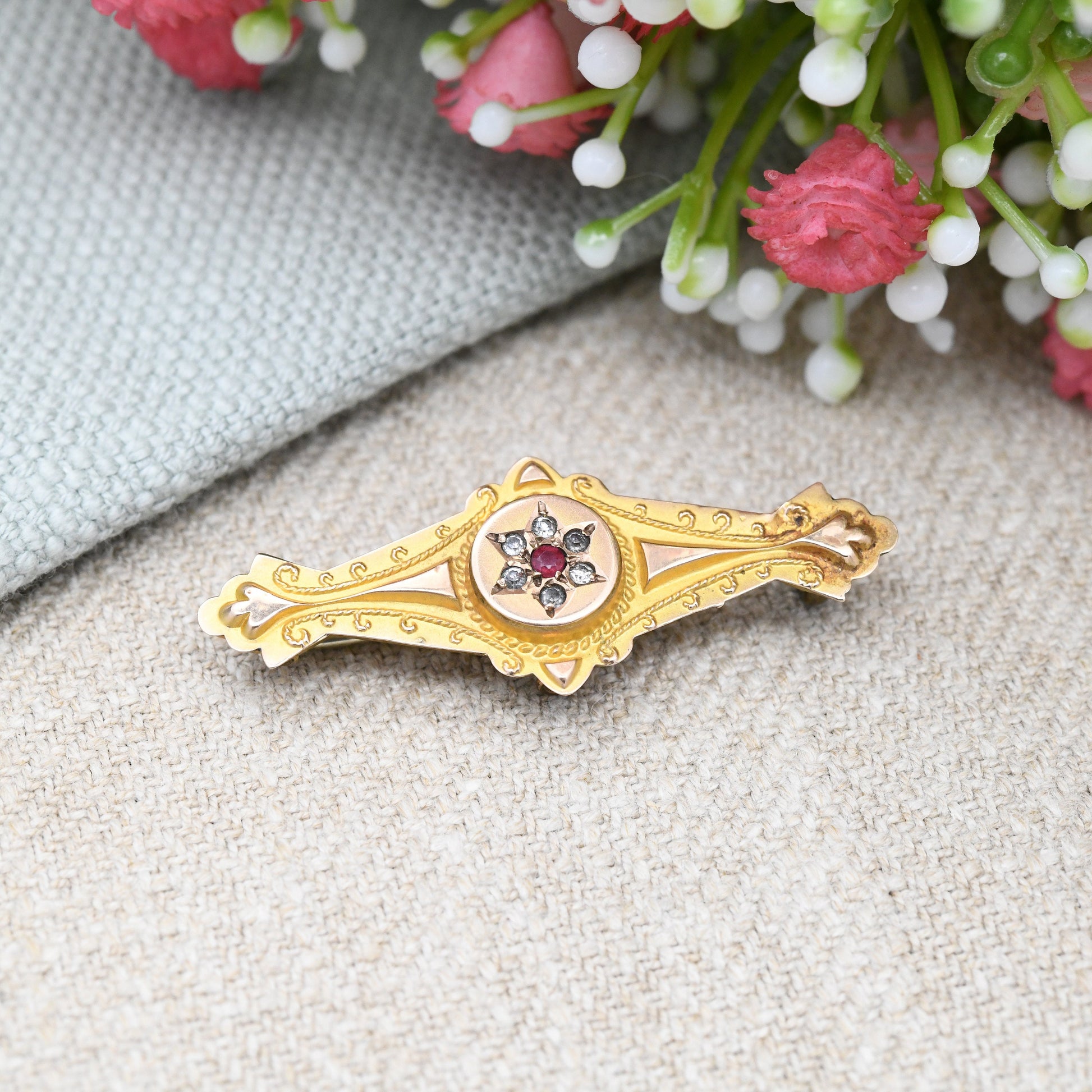 Antique Victorian 9ct Gold Mourning Brooch with Red and Clear Stone Star Design - Secret Hidden Locket Compartment | Ornate Detail