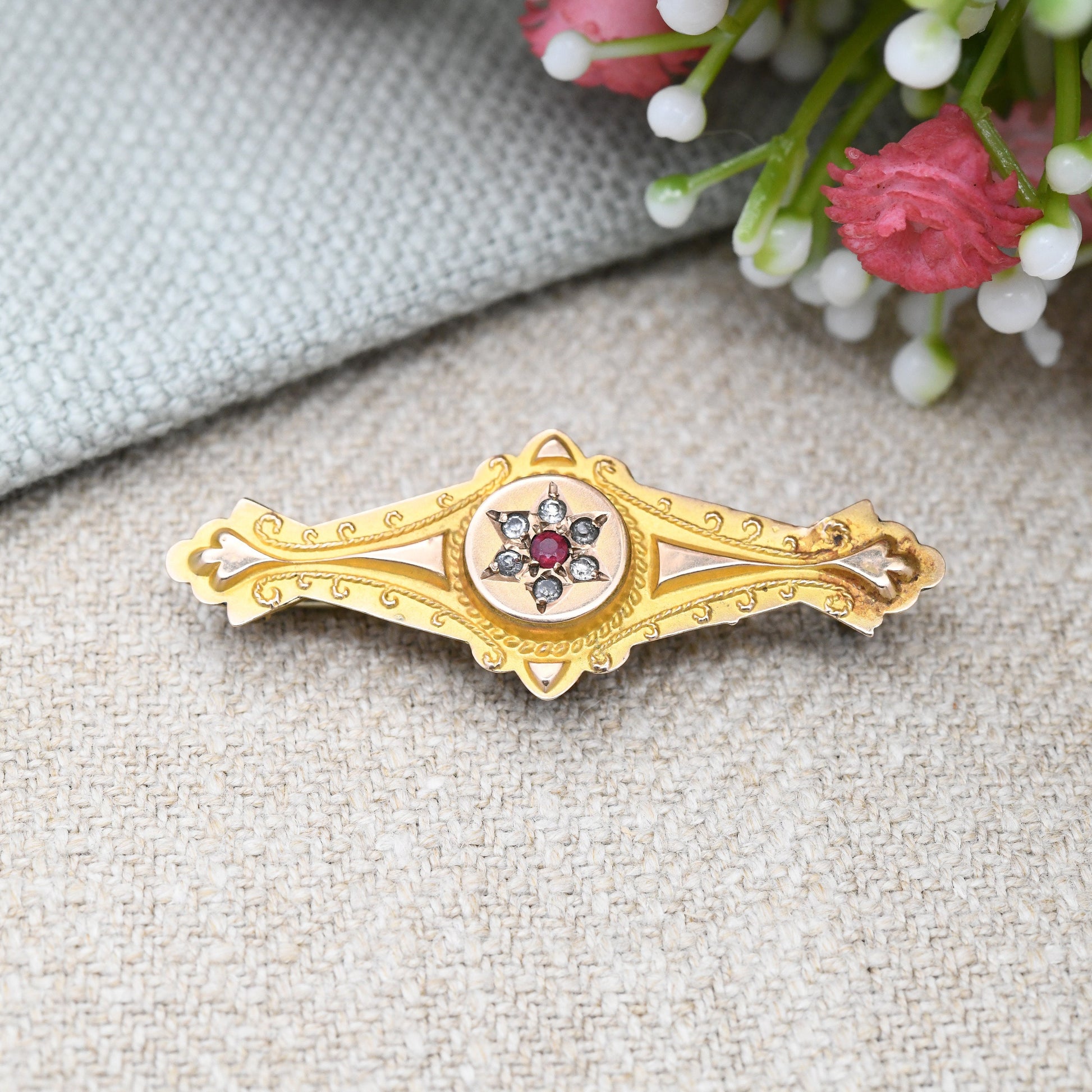 Antique Victorian 9ct Gold Mourning Brooch with Red and Clear Stone Star Design - Secret Hidden Locket Compartment | Ornate Detail