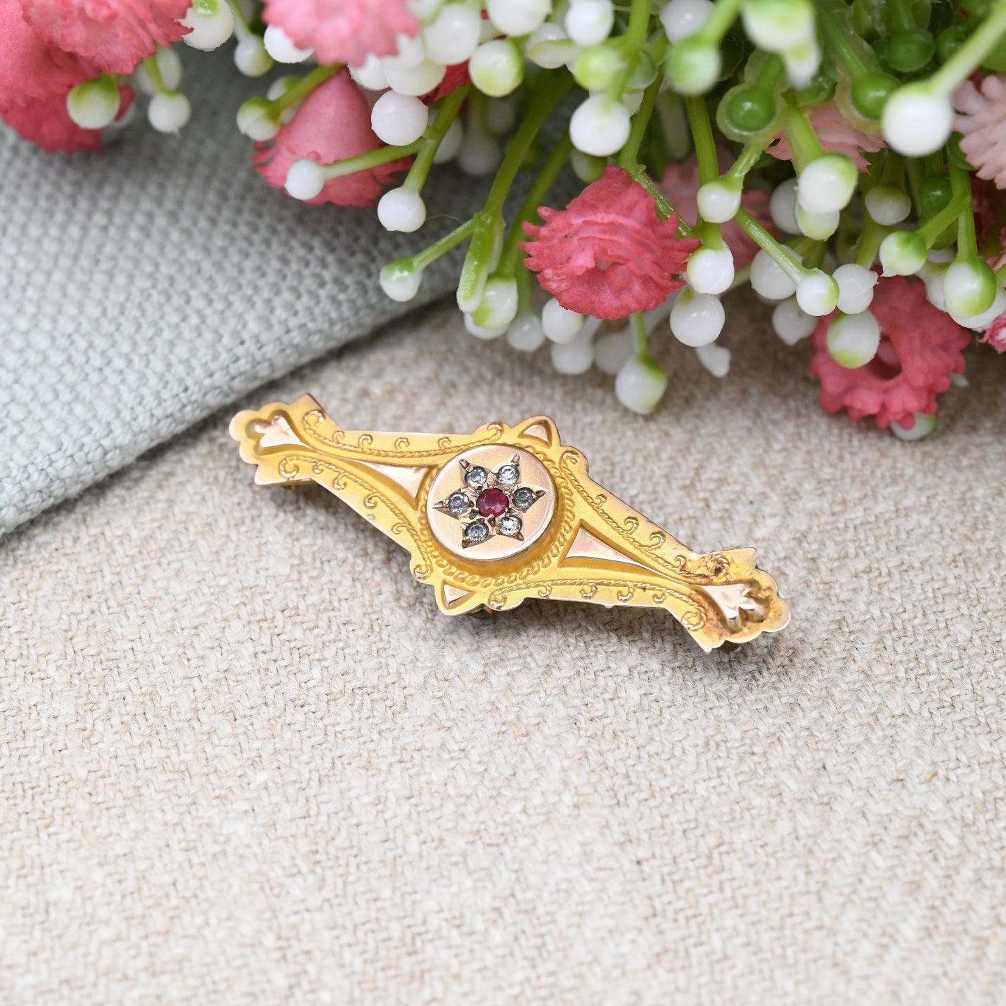 Antique Victorian 9ct Gold Mourning Brooch with Red and Clear Stone Star Design - Secret Hidden Locket Compartment | Ornate Detail