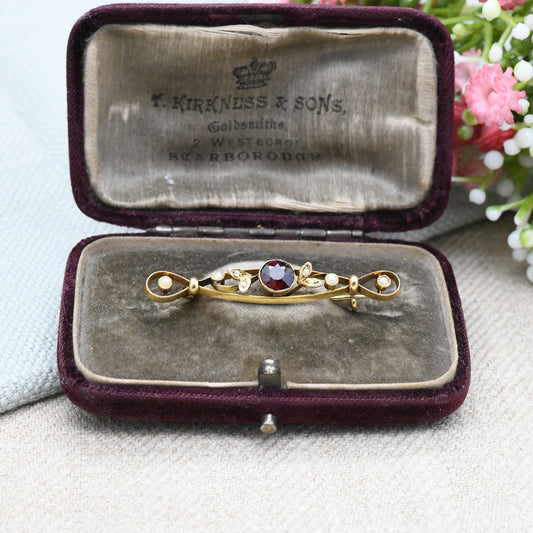 Antique 9ct Gold Garnet Pearl Bar Brooch - Edwardian Solid Gold Jewellery | Pretty Floral Gift | Faceted Red Gemstone