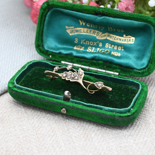 Antique Edwardian 9ct Gold Pearl Flower Bar Brooch by Henry Griffith and Sons HG&S Ltd