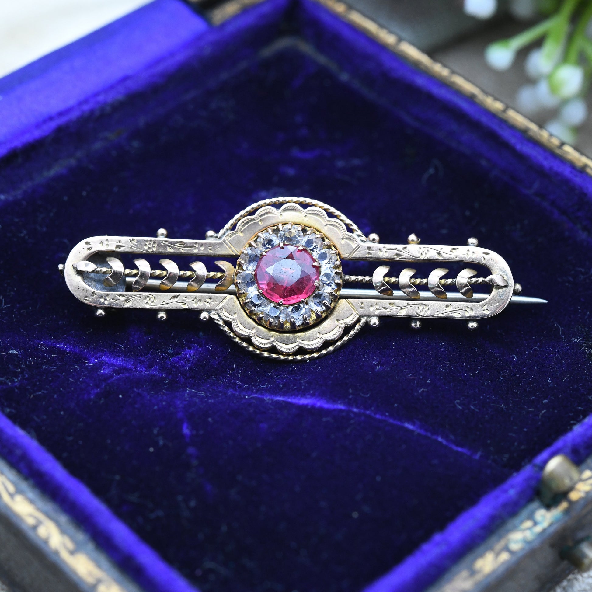 Antique Victorian 9ct Gold Ruby Paste Brooch - Red and Clear Stones Halo | Hand Carved Flower Border | Stunning Solid Gold Gift