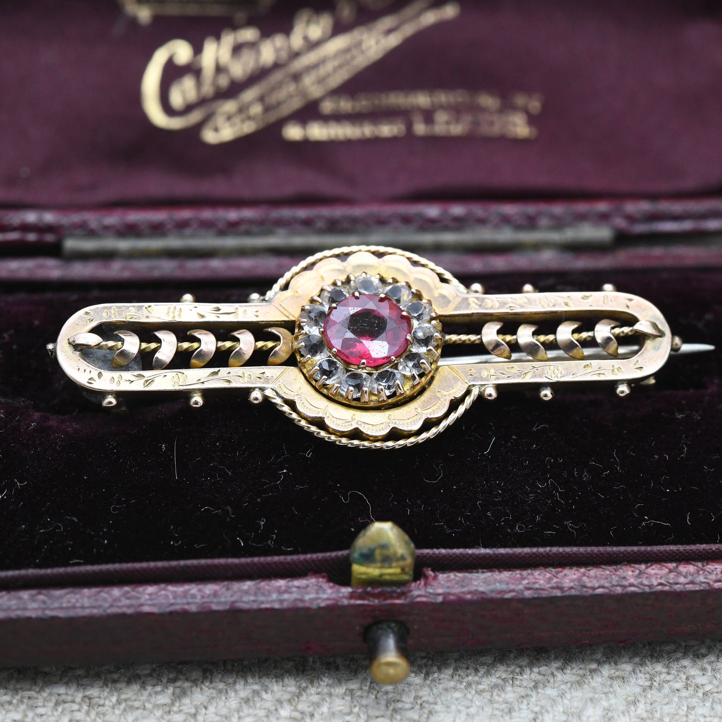 Antique Victorian 9ct Gold Ruby Paste Brooch - Red and Clear Stones Halo | Hand Carved Flower Border | Stunning Solid Gold Gift