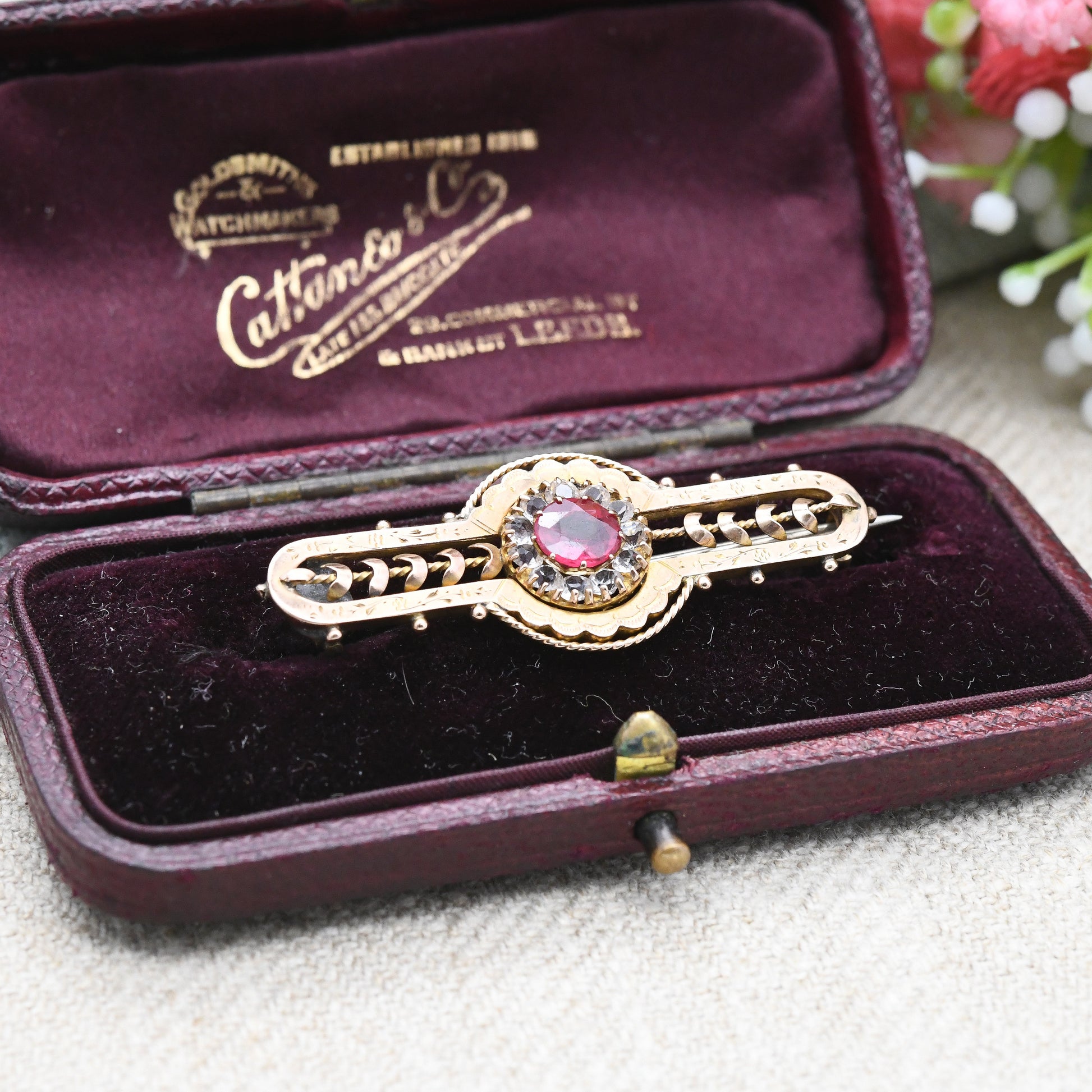 Antique Victorian 9ct Gold Ruby Paste Brooch - Red and Clear Stones Halo | Hand Carved Flower Border | Stunning Solid Gold Gift