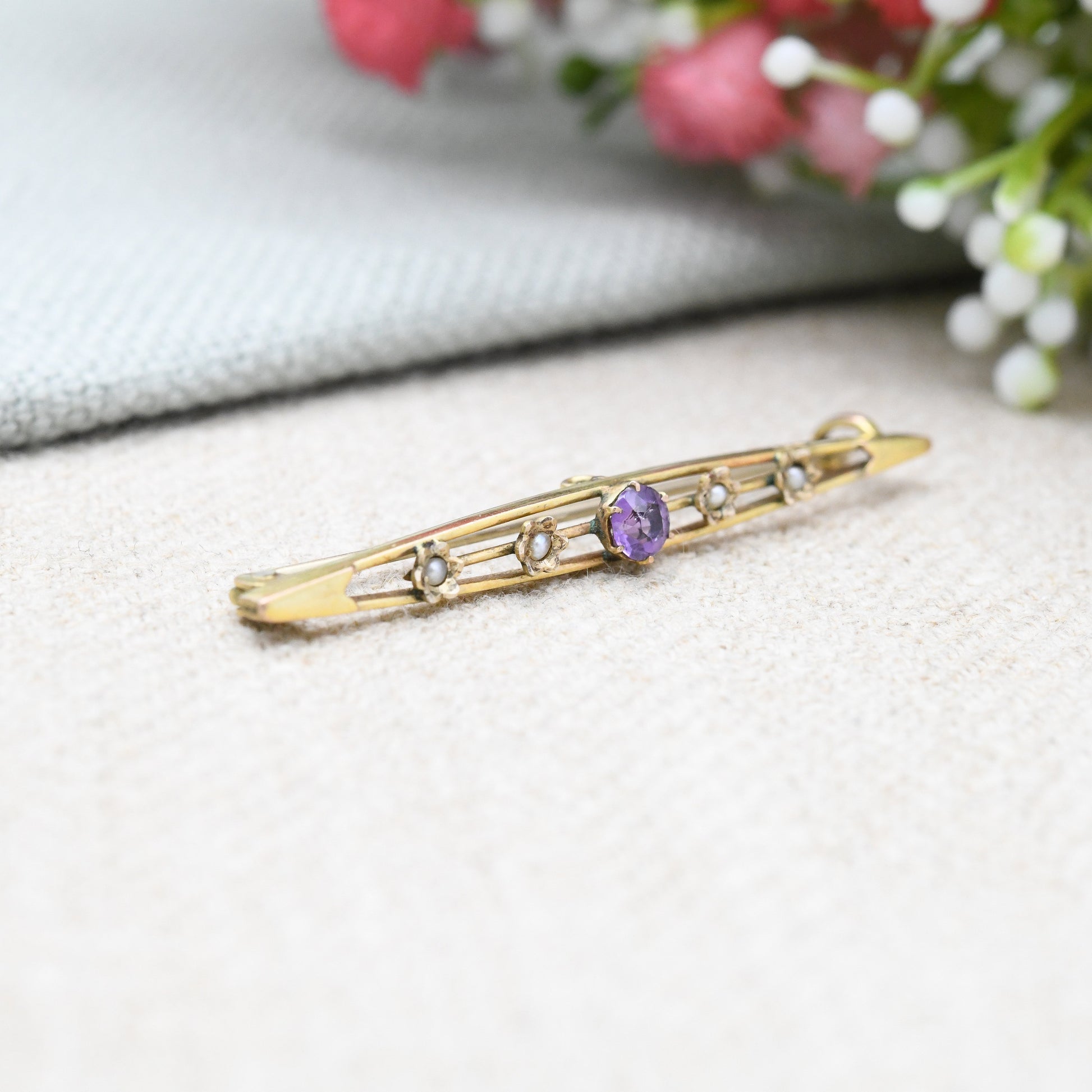 Antique Edwardian 9ct Gold Pearl and Amethyst Bar Brooch - Pretty Solid Gold Jewellery | Gold Jewelry Gift