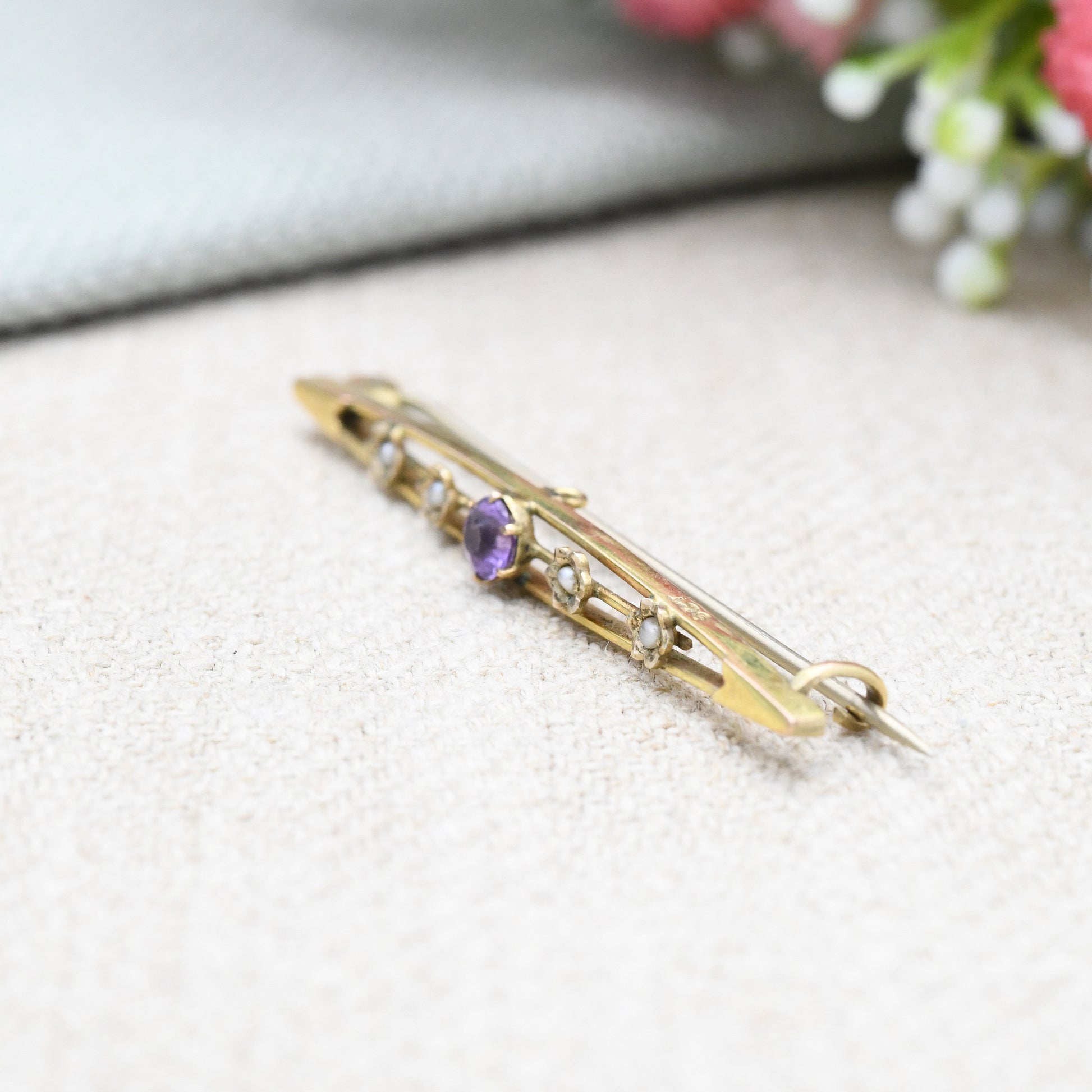 Antique Edwardian 9ct Gold Pearl and Amethyst Bar Brooch - Pretty Solid Gold Jewellery | Gold Jewelry Gift