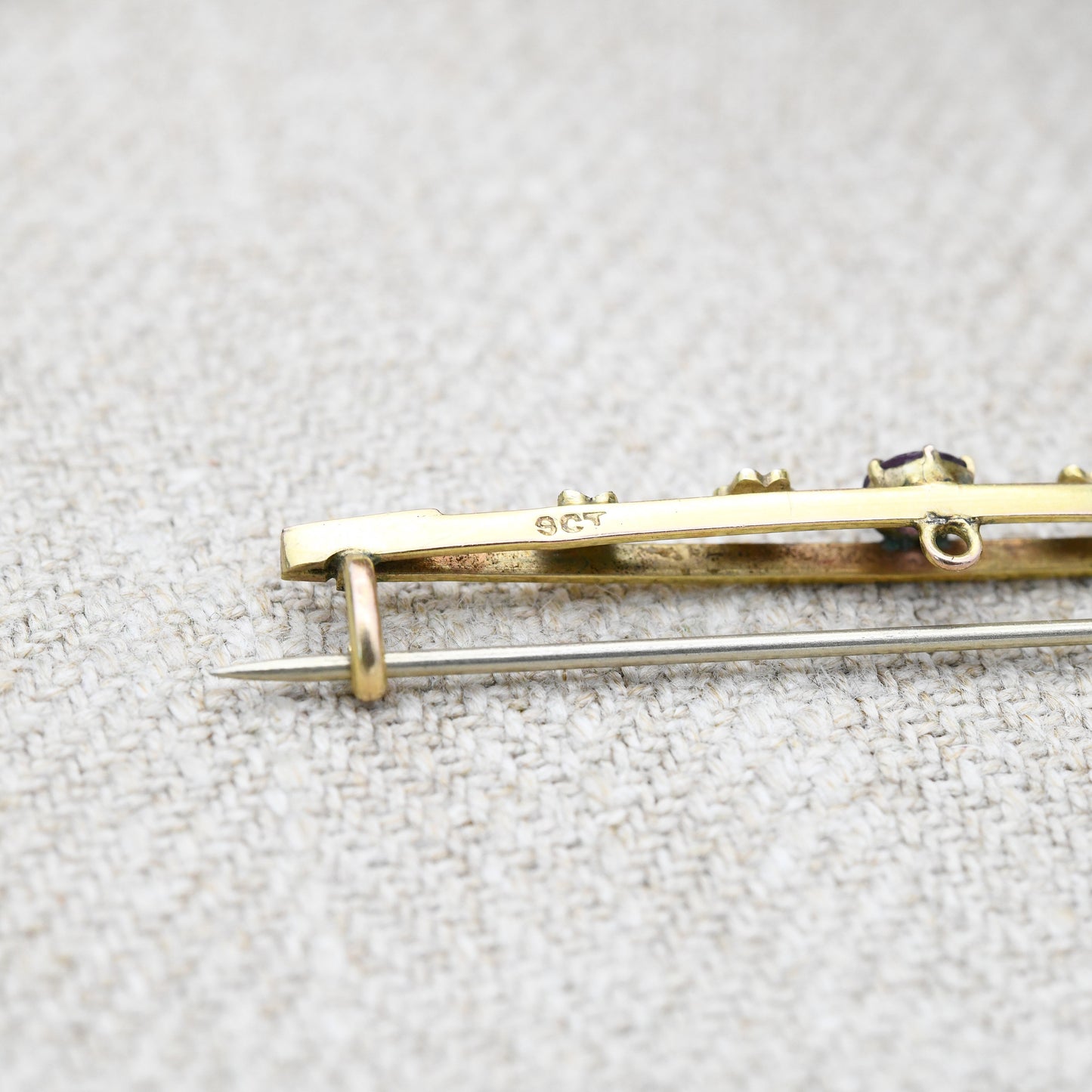 Antique Edwardian 9ct Gold Pearl and Amethyst Bar Brooch - Pretty Solid Gold Jewellery | Gold Jewelry Gift