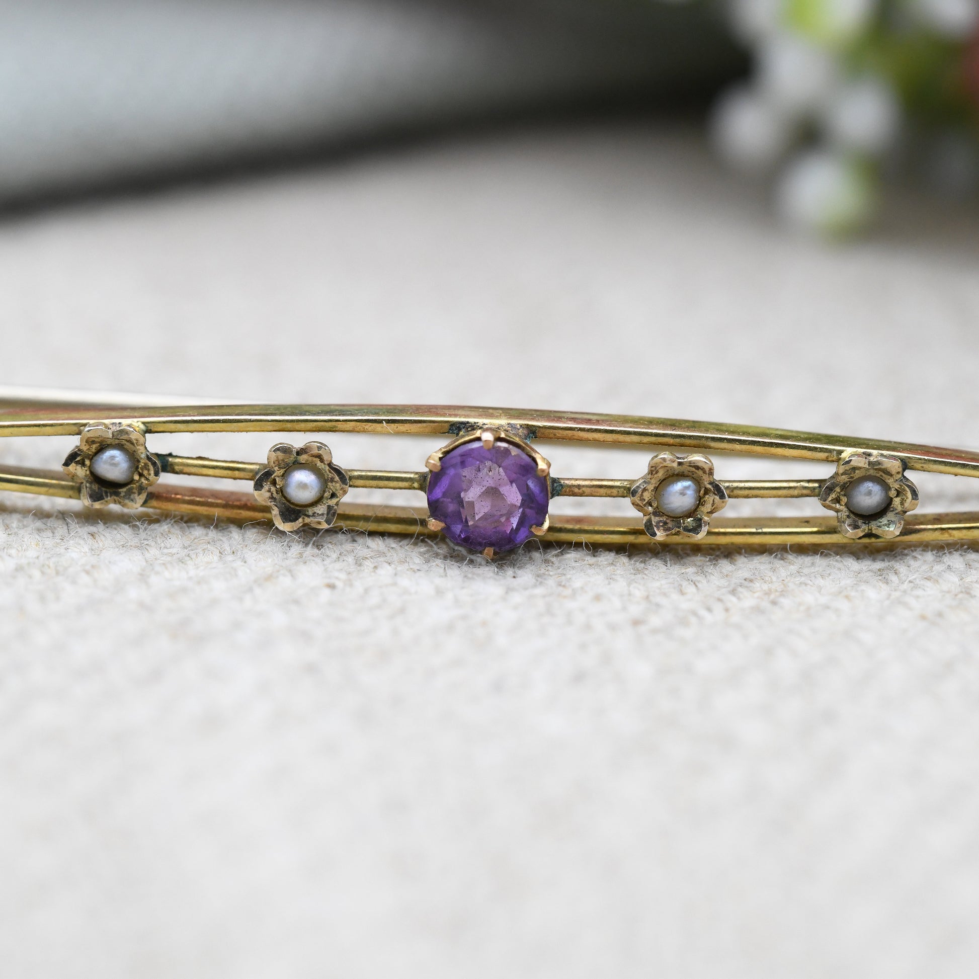 Antique Edwardian 9ct Gold Pearl and Amethyst Bar Brooch - Pretty Solid Gold Jewellery | Gold Jewelry Gift