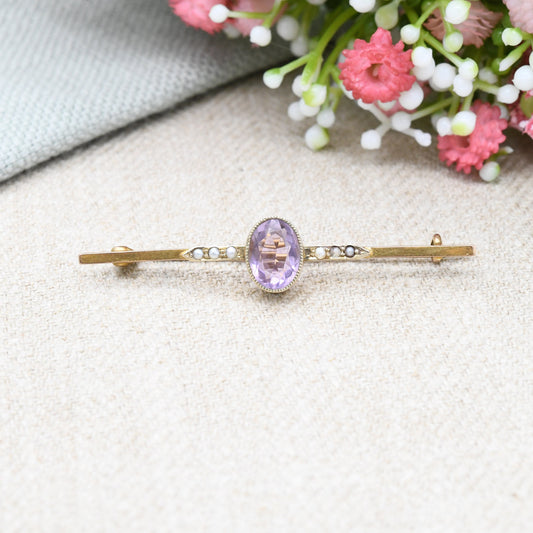 Antique Edwardian 9ct Gold Pearl and Amethyst Bar Brooch - Pretty Antique Gift | Solid Gold Gemstone Jewellery | Statement Pin