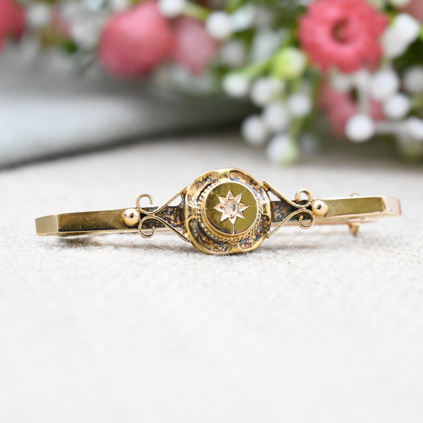 Antique Victorian 15ct Gold Diamond Brooch - Pretty Minimal Bar Brooch | Star Setting Celestial Design | Solid Gold Gift Jewellery