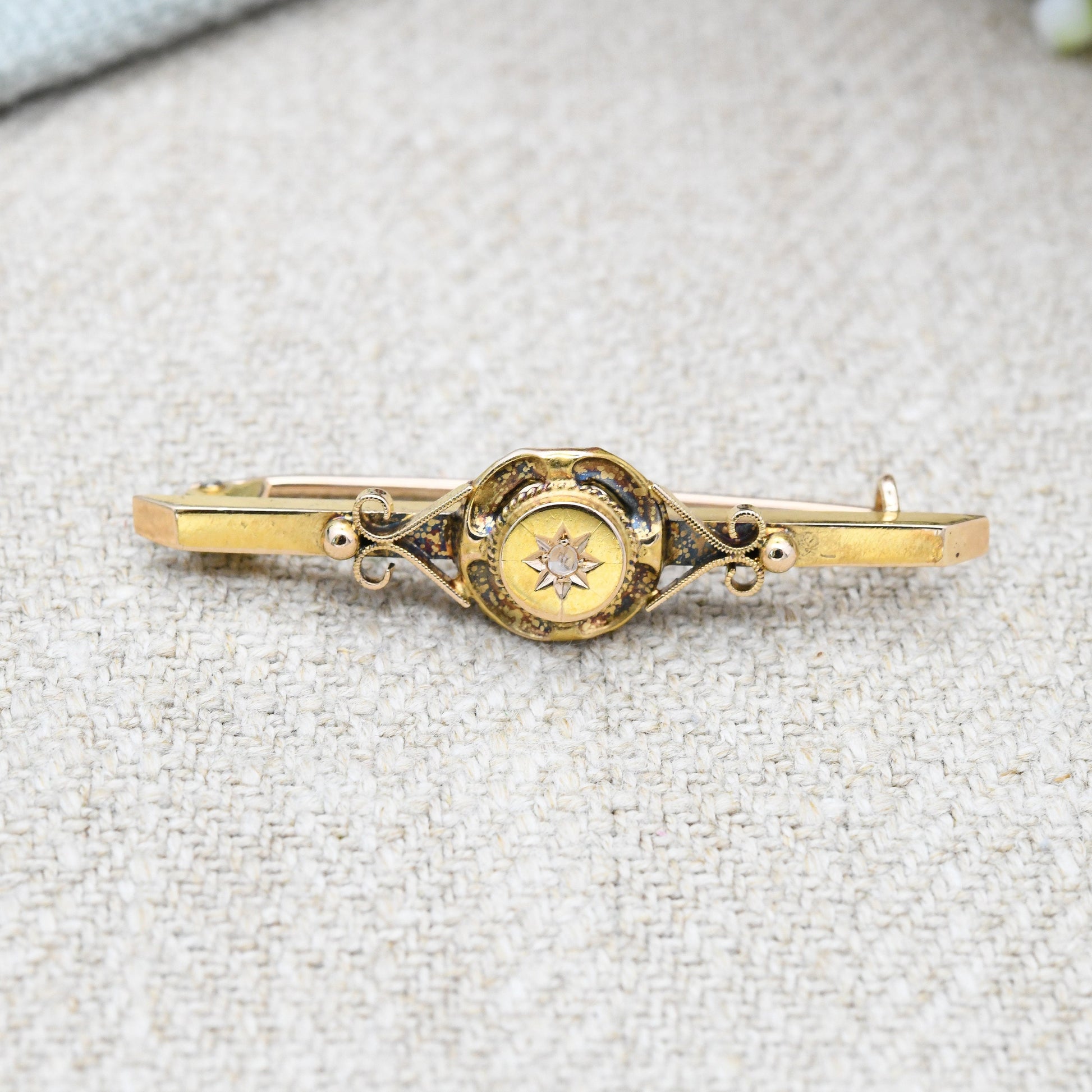 Antique Victorian 15ct Gold Diamond Brooch - Pretty Minimal Bar Brooch | Star Setting Celestial Design | Solid Gold Gift Jewellery