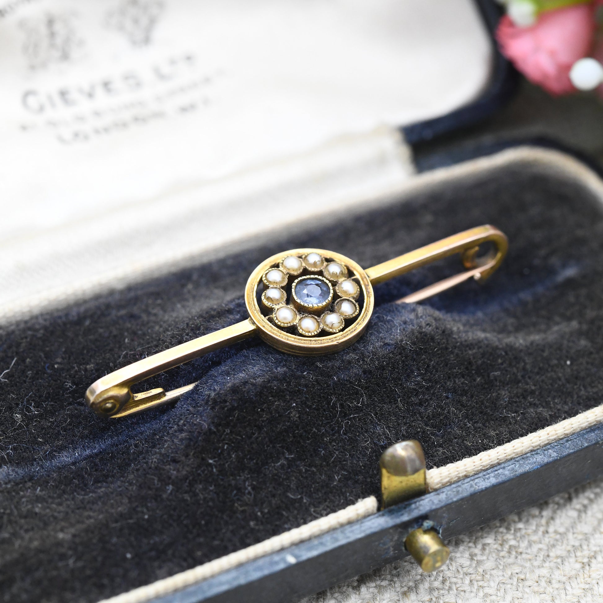 Antique 9ct Gold Sapphire and Pearl Flower Brooch - Pretty Gift Brooch Statement Pin | Edwardian Design