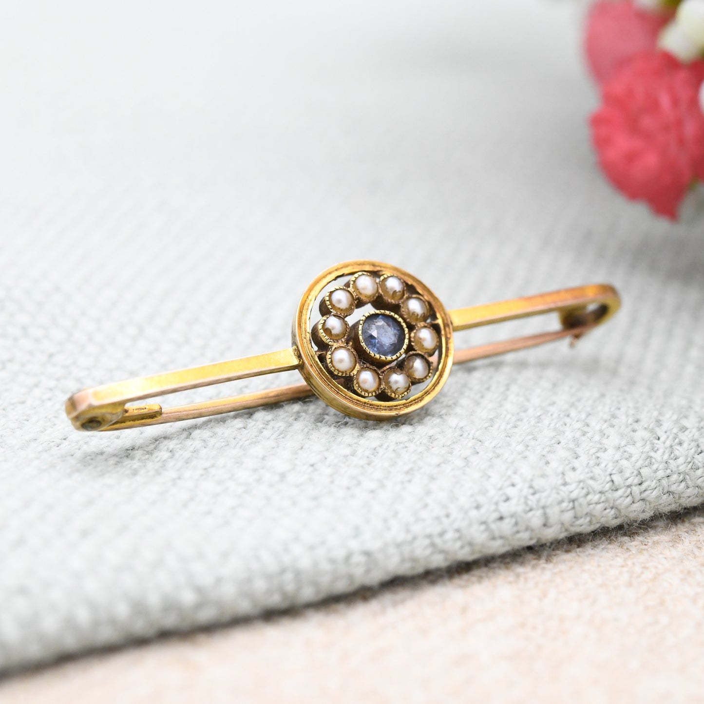 Antique 9ct Gold Sapphire and Pearl Flower Brooch - Pretty Gift Brooch Statement Pin | Edwardian Design