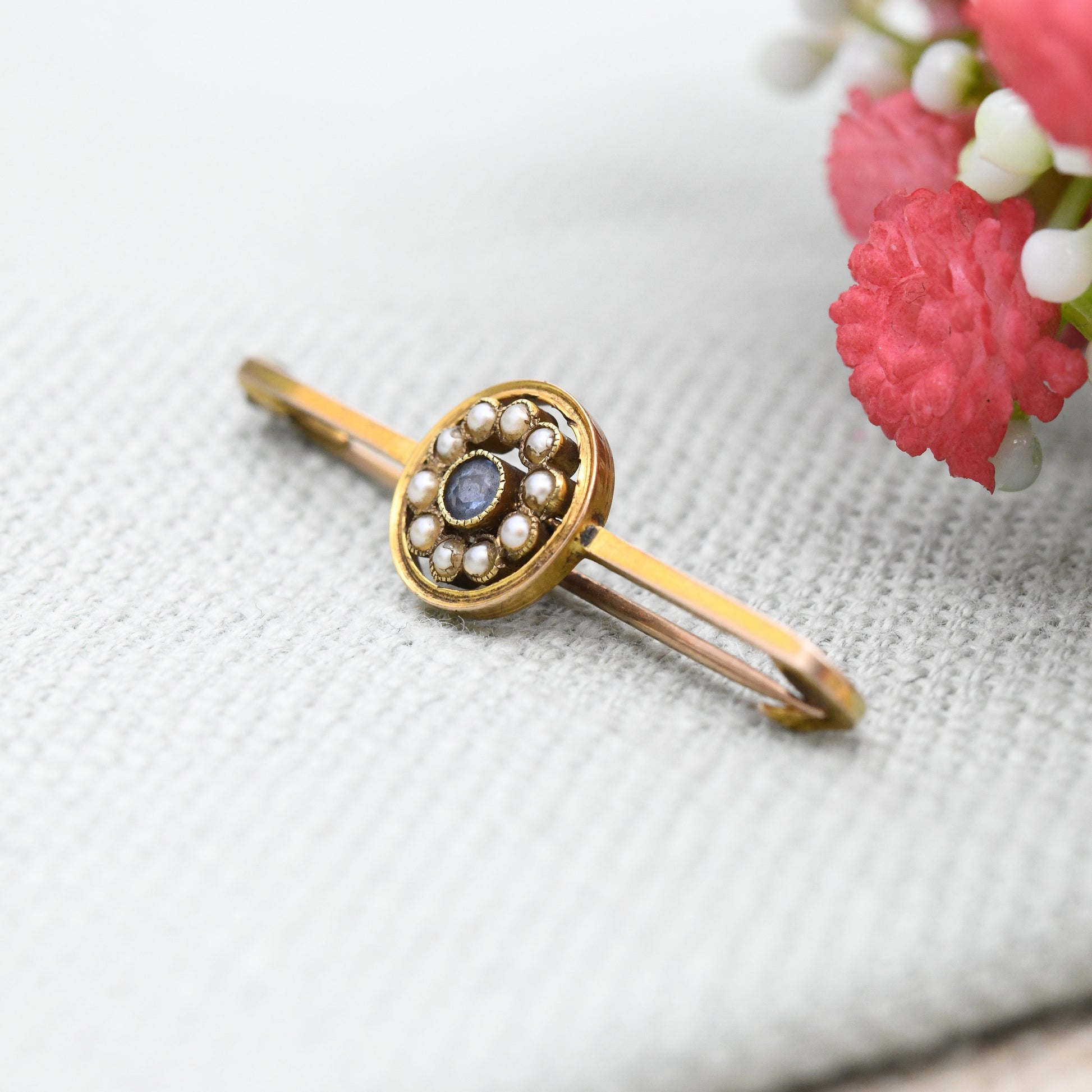 Antique 9ct Gold Sapphire and Pearl Flower Brooch - Pretty Gift Brooch Statement Pin | Edwardian Design