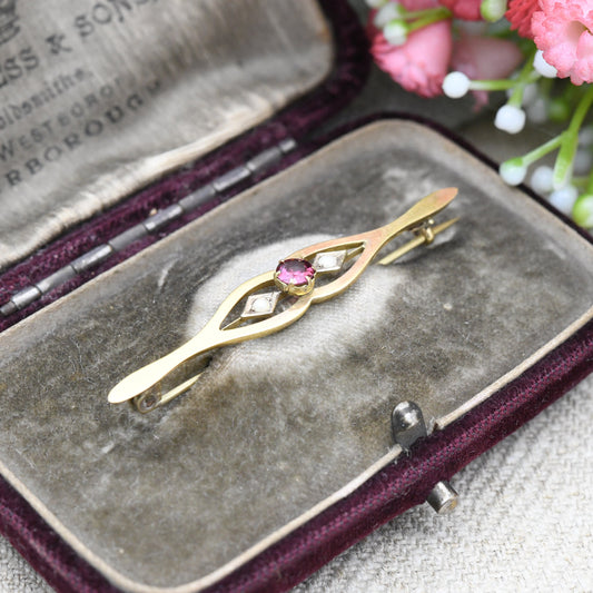 Antique Edwardian 9ct Gold Paste and Pearl Brooch - Pretty Minimal Bar Brooch | Pearl and Red Stone | Art Deco Design