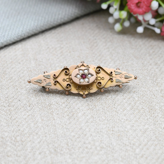 Antique Edwardian 9ct Gold Ruby and Pearl Brooch 1902 - Star Shape Setting | Seed Pearls | Pretty Ornate Detail Leaf Design | Rope Twist