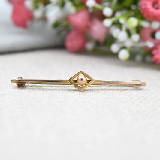 Antique Edwardian 9ct Gold Bar Brooch with Ball and Diamond Shape Design - Minimalist Solid Gold Jewellery | Pretty Rose Gold Gift Pin