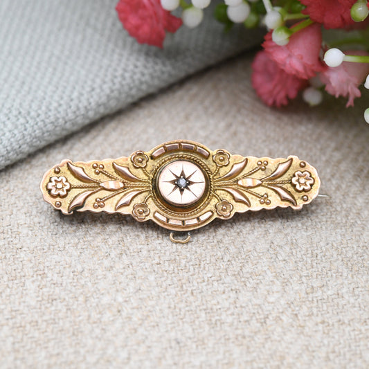 Antique 9ct Gold Diamond Mourning Brooch Edwardian by Thomas Hale - Secret Hidden Locket Compartment | Starburst Setting | Floral Design