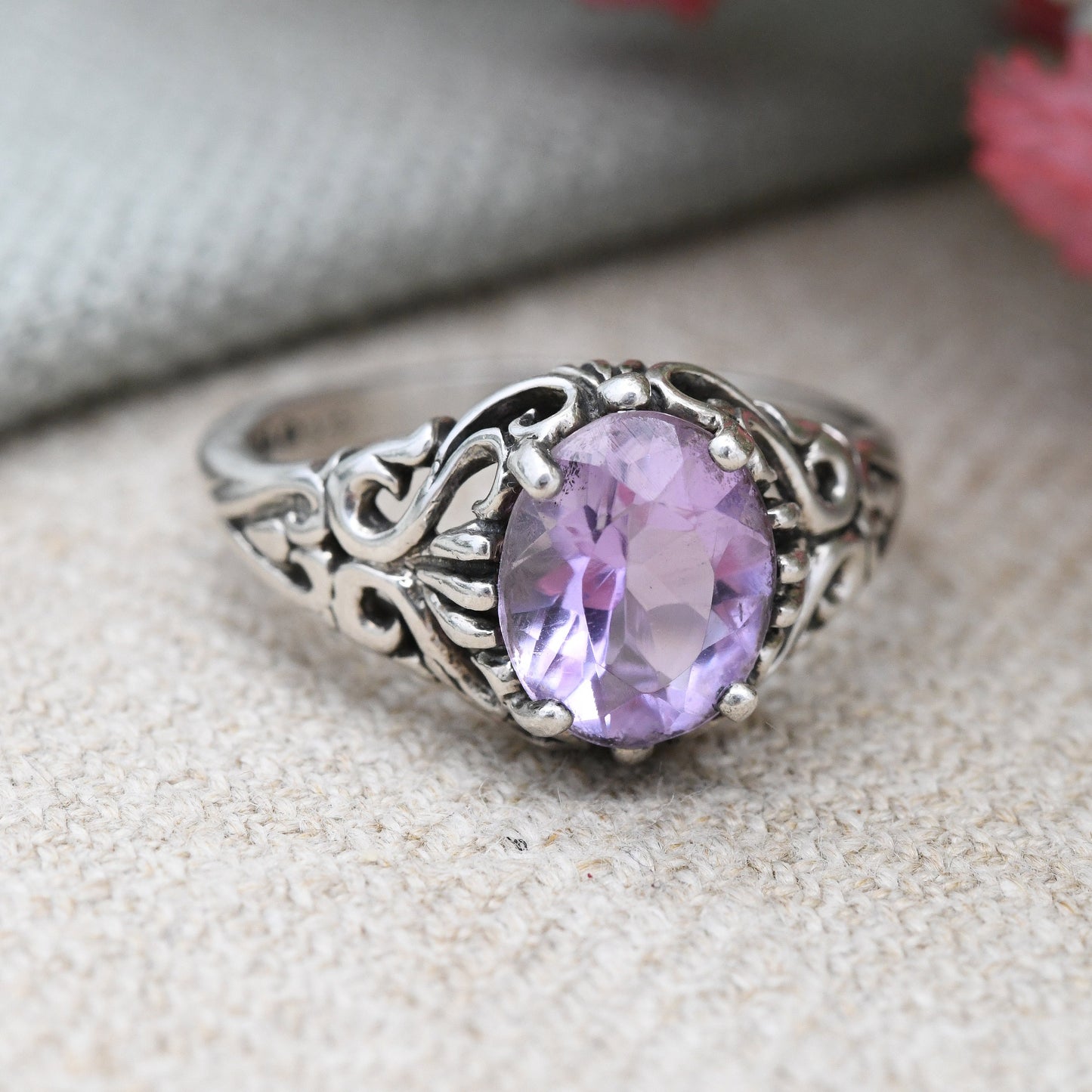 Vintage Kabana Sterling Silver Amethyst Ring New Mexico Designer USA - Large Purple Stone Solitaire | UK Size - S 1/2 | US Size - 9 1/4