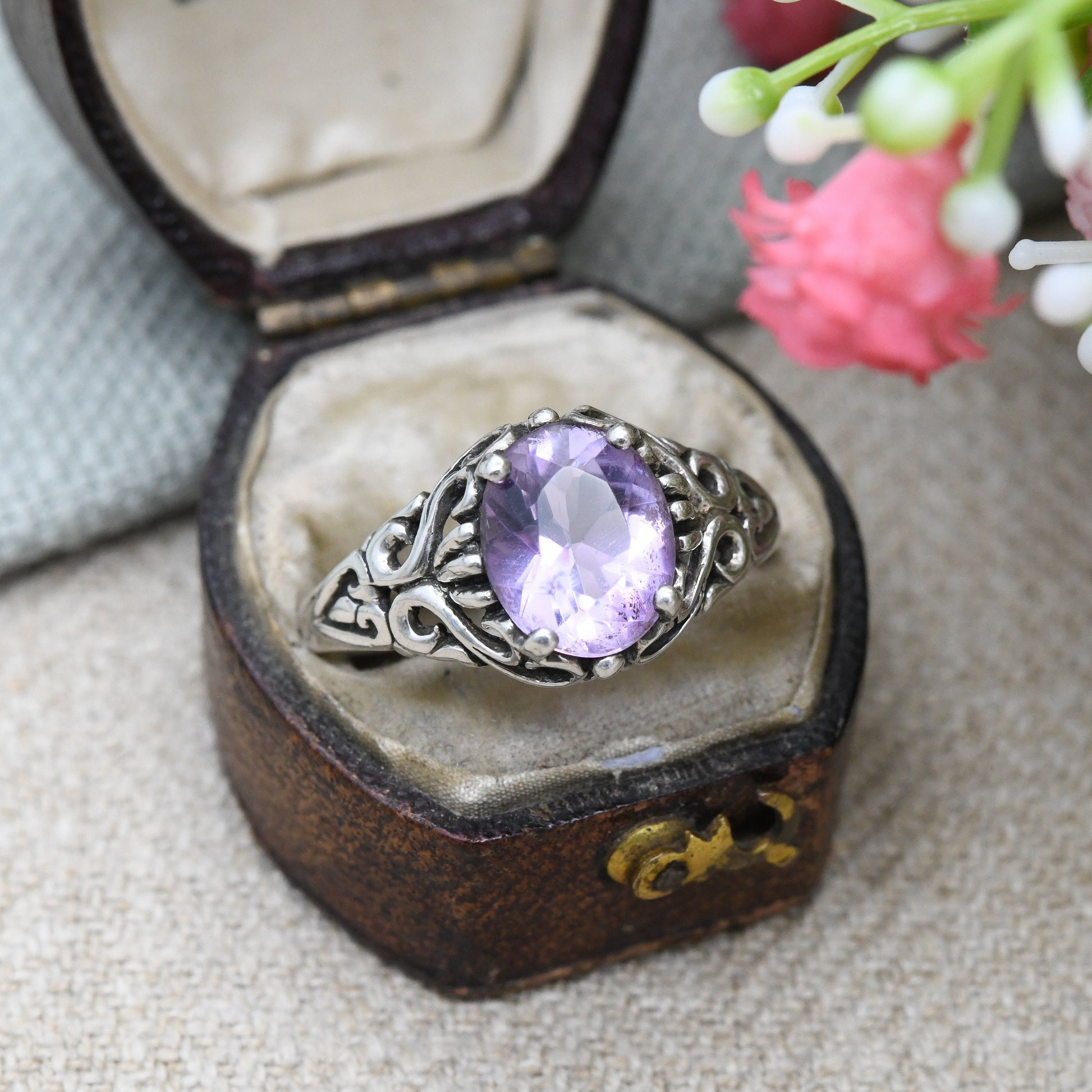 Vintage Kabana Sterling Silver Amethyst Ring New Mexico Designer USA - Large Purple Stone Solitaire | UK Size - S 1/2 | US Size - 9 1/4