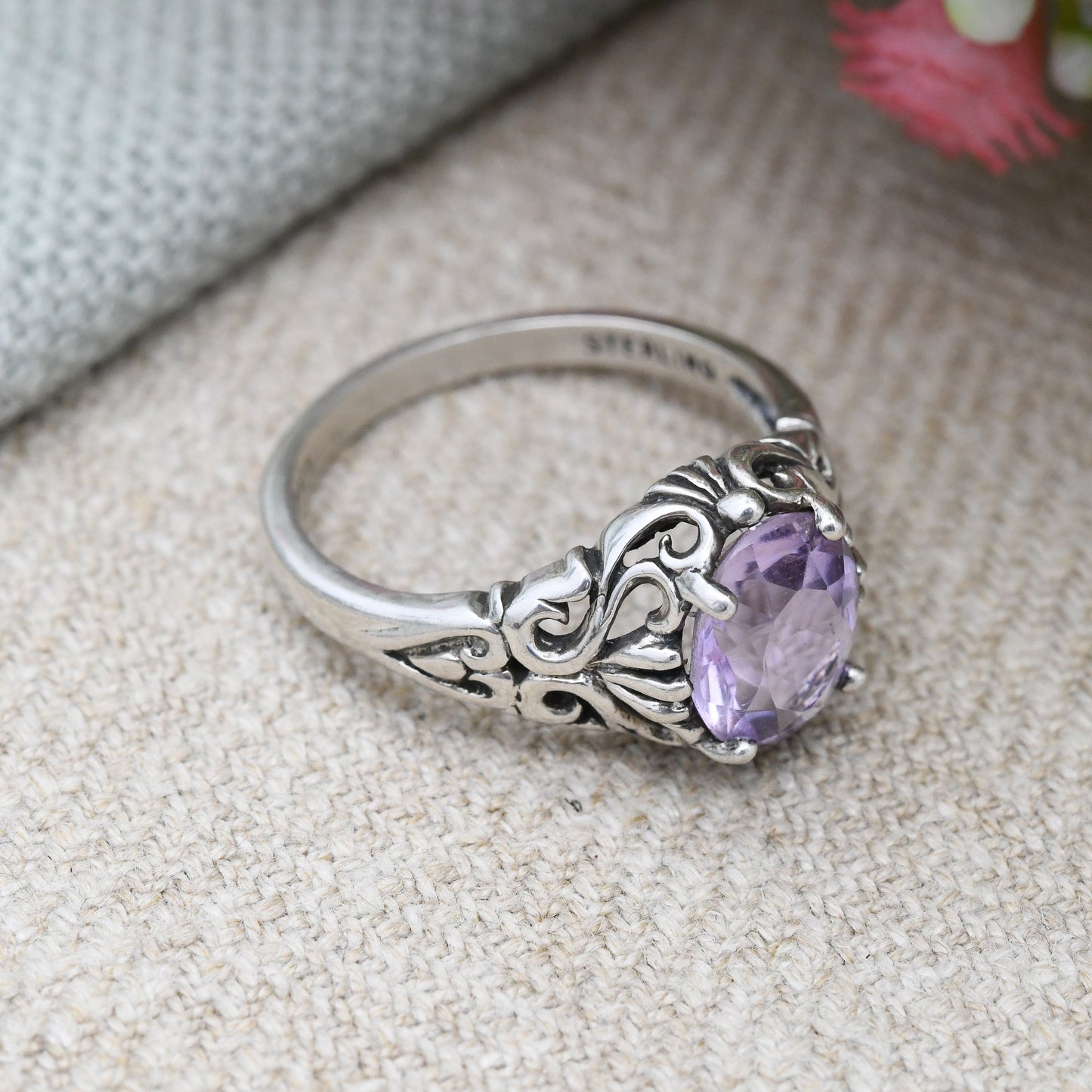 Vintage Kabana Sterling Silver Amethyst Ring New Mexico Designer USA - Large Purple Stone Solitaire | UK Size - S 1/2 | US Size - 9 1/4