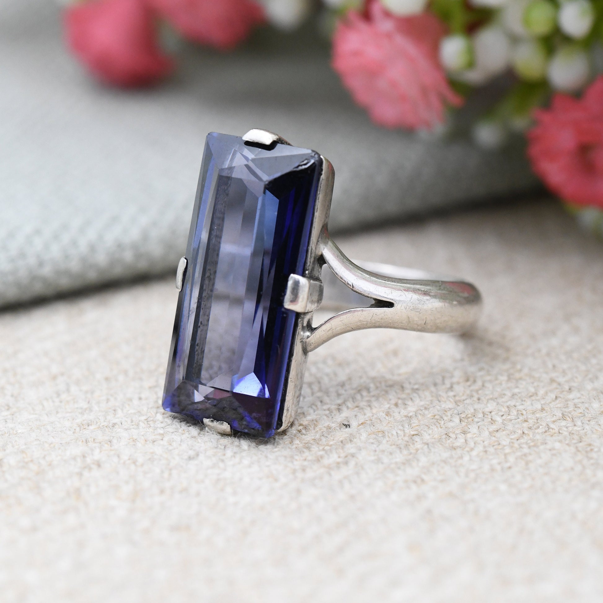 Vintage European Silver Ring with Large Blue Stone - Faceted Rectangle Stone Statement Solitaire | UK Size - P | US Size - 7 1/2