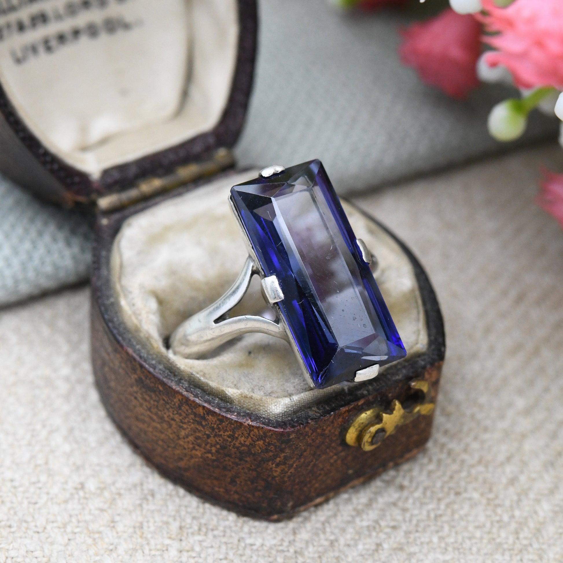 Vintage European Silver Ring with Large Blue Stone - Faceted Rectangle Stone Statement Solitaire | UK Size - P | US Size - 7 1/2