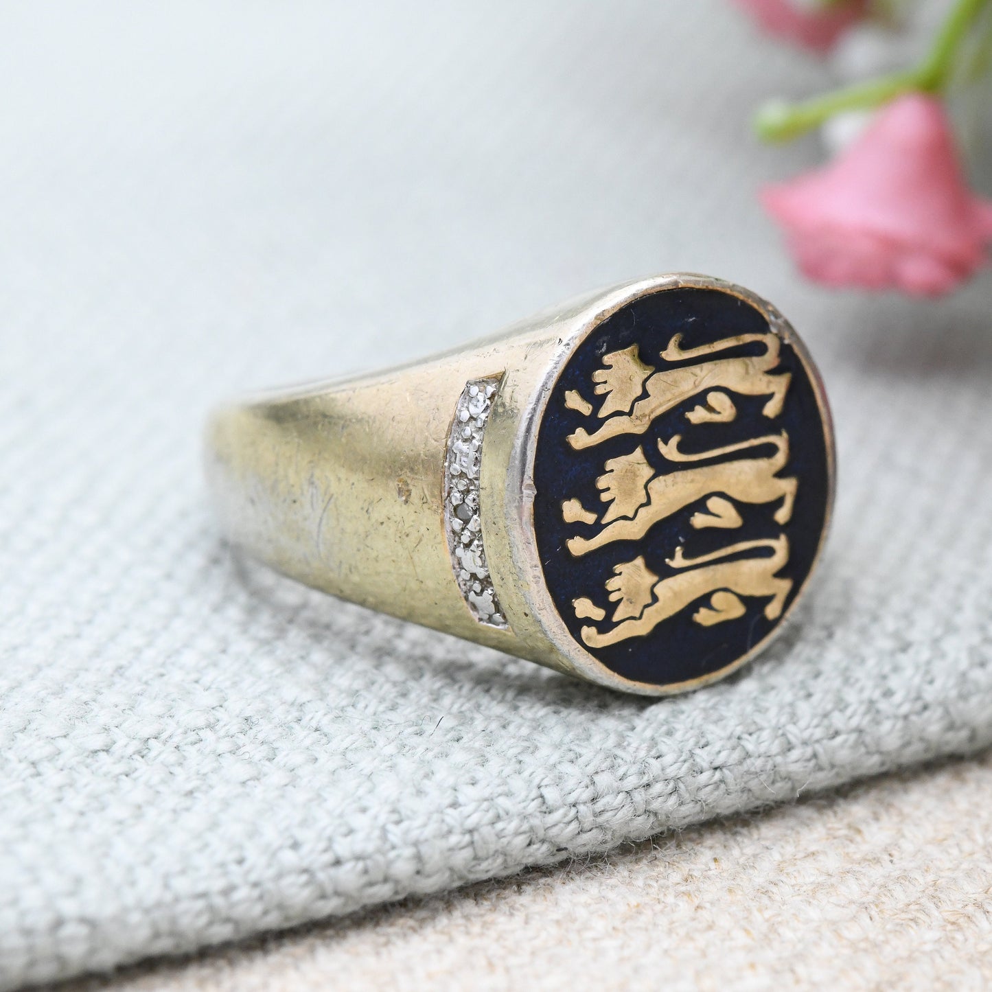 Vintage England Signet Ring with Diamonds Gold Plated Sterling Silver - Large Unisex Men Gift | Three Lions | UK Size - V | US Size - 10 1/2