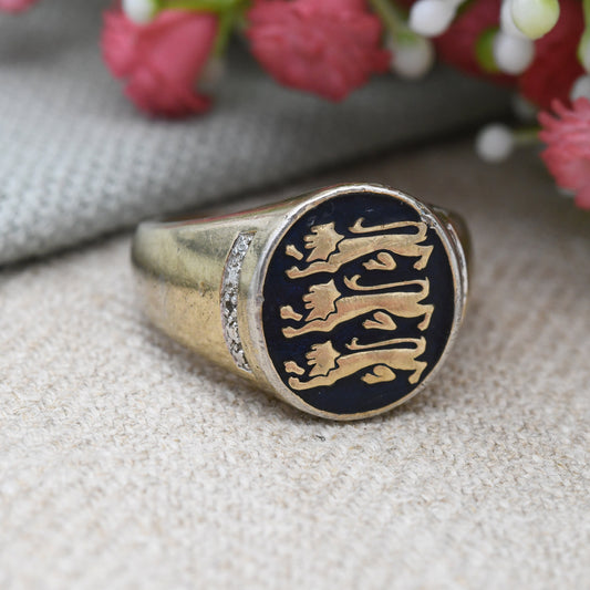 Vintage England Signet Ring with Diamonds Gold Plated Sterling Silver - Large Unisex Men Gift | Three Lions | UK Size - V | US Size - 10 1/2