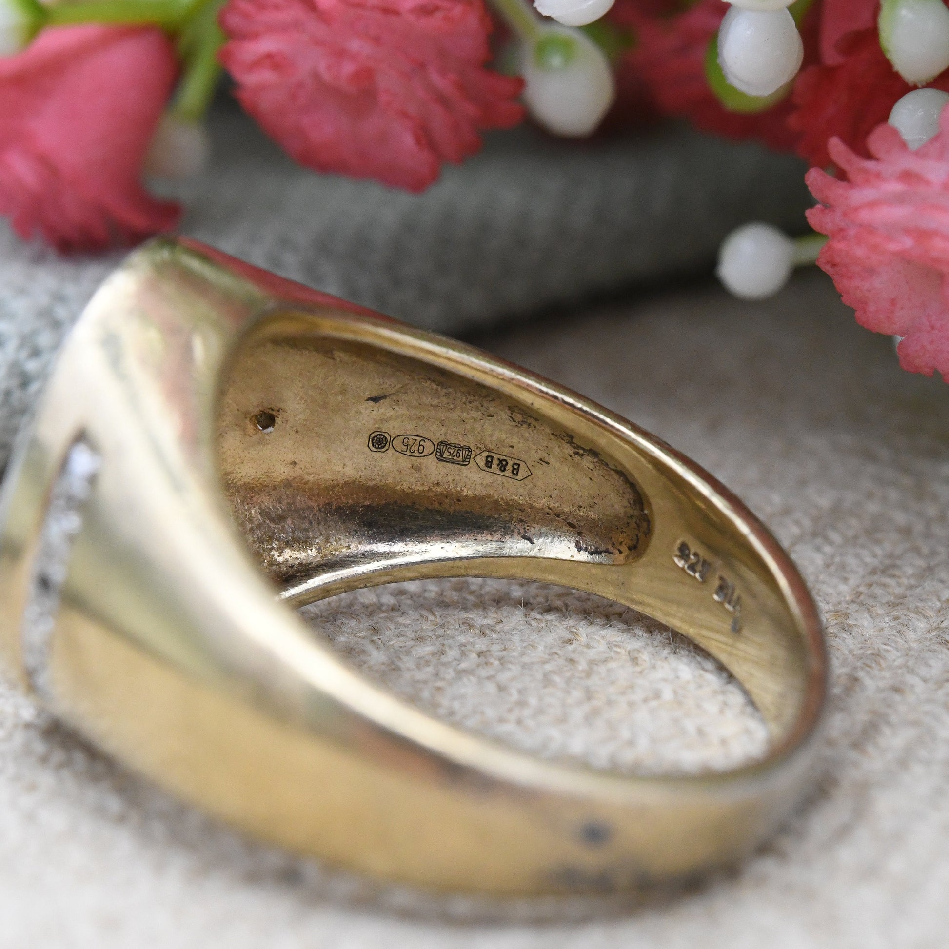 Vintage England Signet Ring with Diamonds Gold Plated Sterling Silver - Large Unisex Men Gift | Three Lions | UK Size - V | US Size - 10 1/2