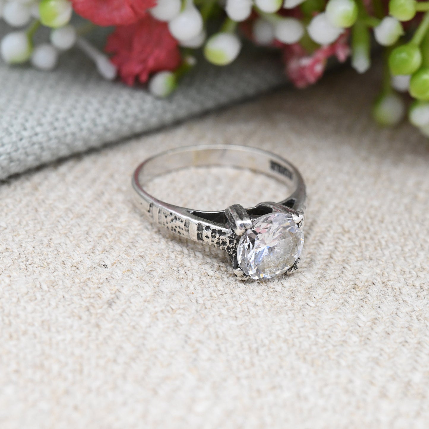 Vintage Sterling Silver Solitaire Ring - Large White Stone CZ Statement Placeholder Engagement Ring | UK Size - M 1/2 | US Size - 6 1/2