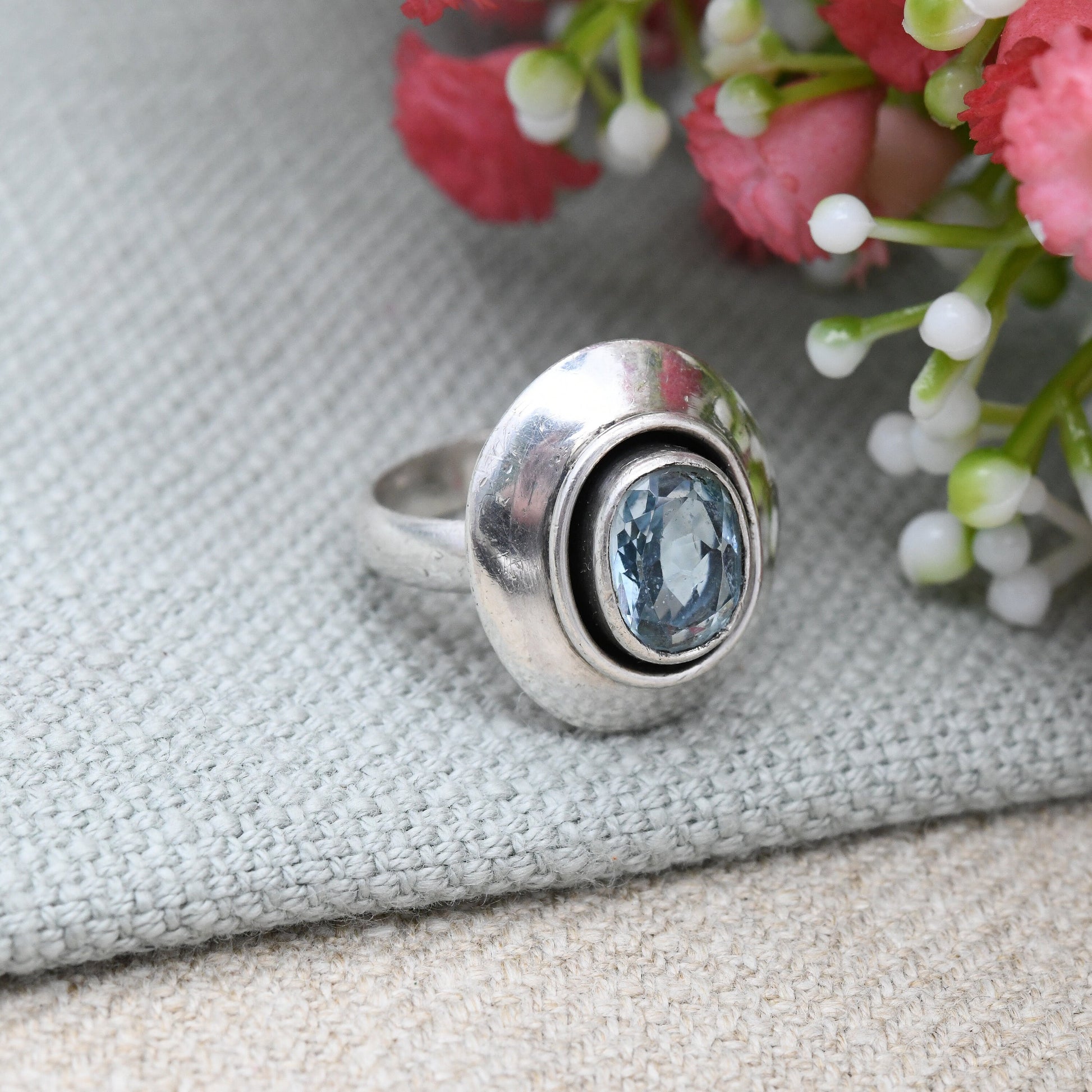 Vintage Sterling Silver Statement Ring with Baby Blue Stone - Chunky Silver Oval Ring Modernist Style | UK Size - N | US Size - 6 1/2