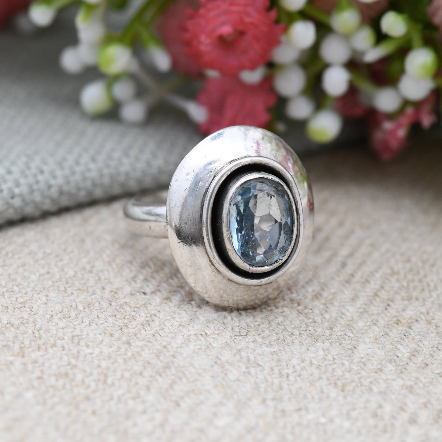 Vintage Sterling Silver Statement Ring with Baby Blue Stone - Chunky Silver Oval Ring Modernist Style | UK Size - N | US Size - 6 1/2