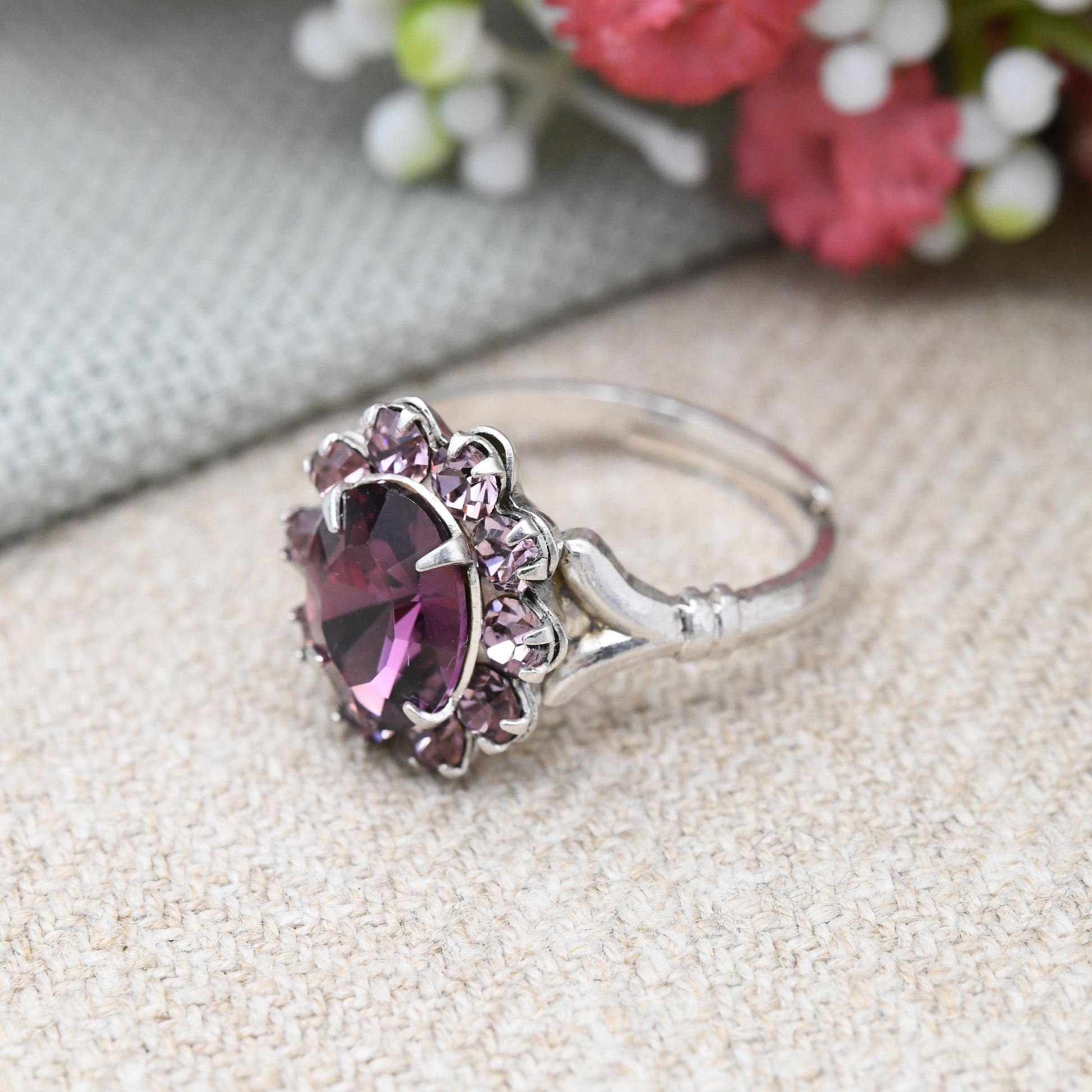 Vintage Sterling Silver Rhinestone Cocktail Ring - Large Purple Glass Stone Statement Sparkly Adjustable Ring | UK Size - O | US Size - 7