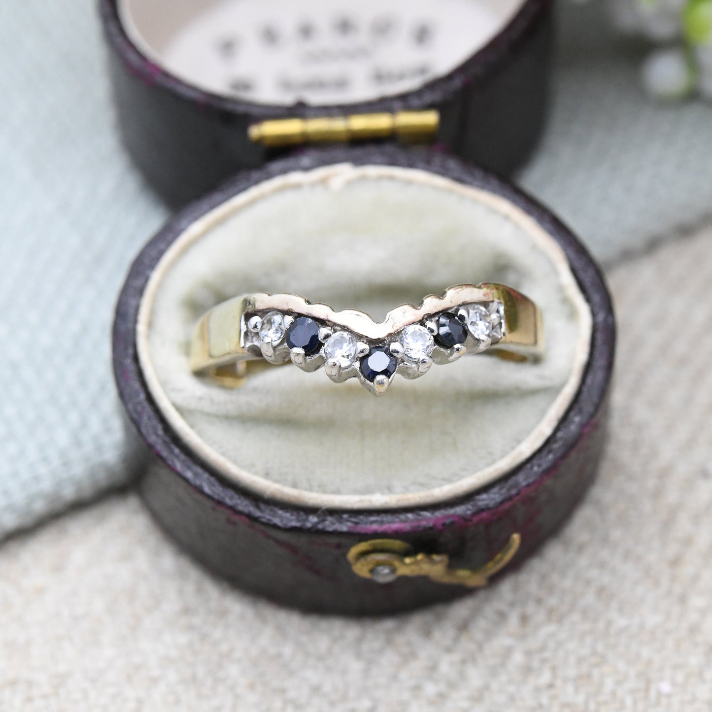 Vintage Sterling Silver Sapphire CZ Wishbone Ring - Gold Plated | Pretty Gift for Her | UK Size - S 1/2 | US Size - 9 1/4