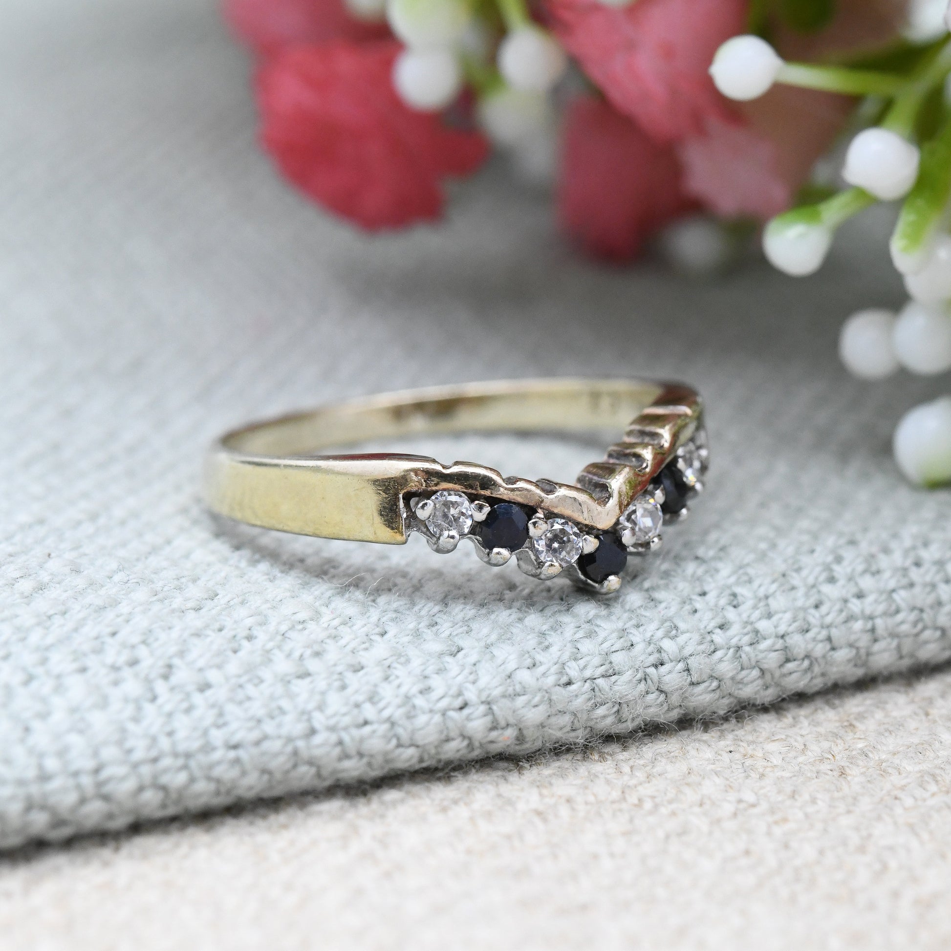 Vintage Sterling Silver Sapphire CZ Wishbone Ring - Gold Plated | Pretty Gift for Her | UK Size - S 1/2 | US Size - 9 1/4