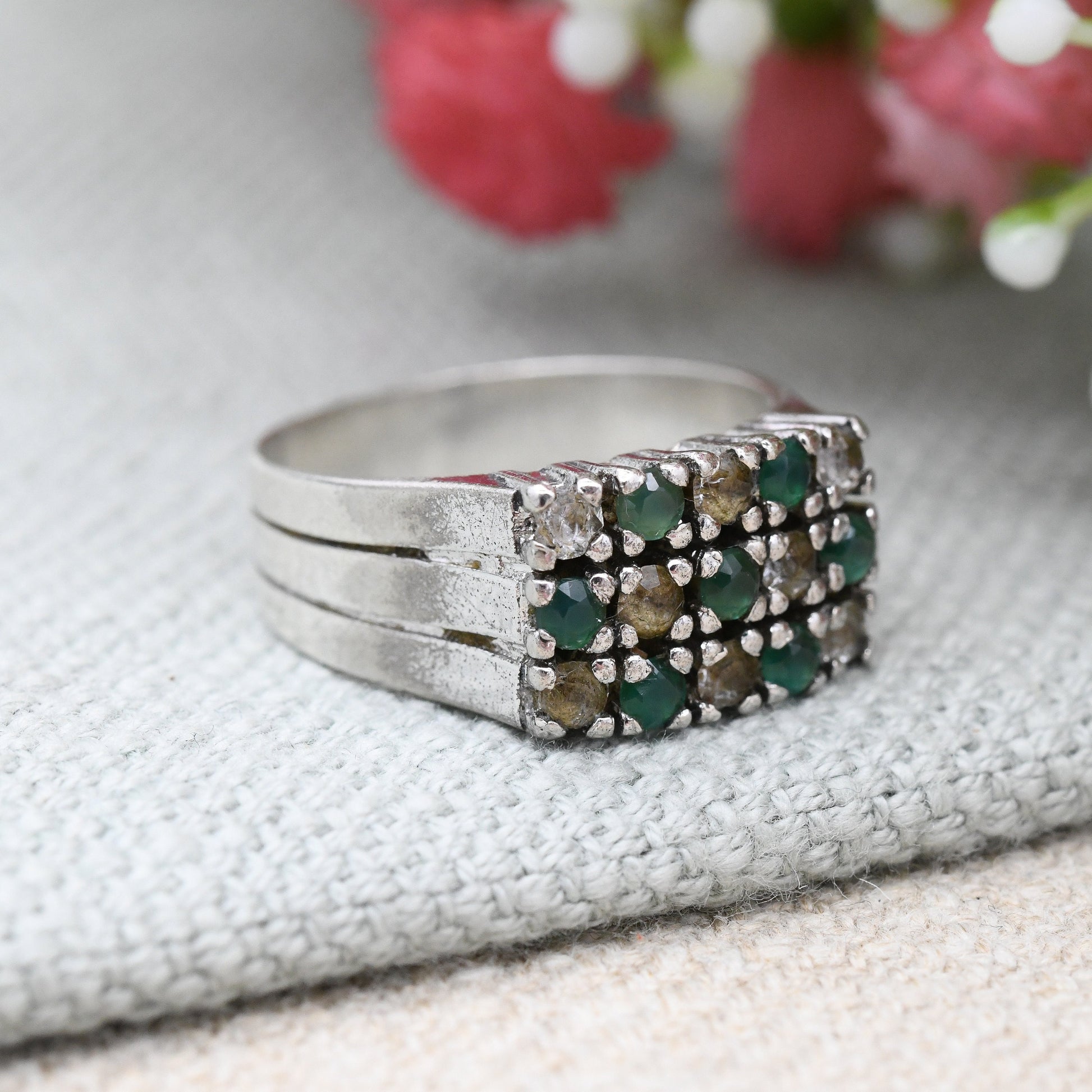 Vintage European Silver Emerald and White Stone Triple Band Ring - Rectangle Cocktail Ring | UK Size - O 1/2 | US Size - 7 1/2