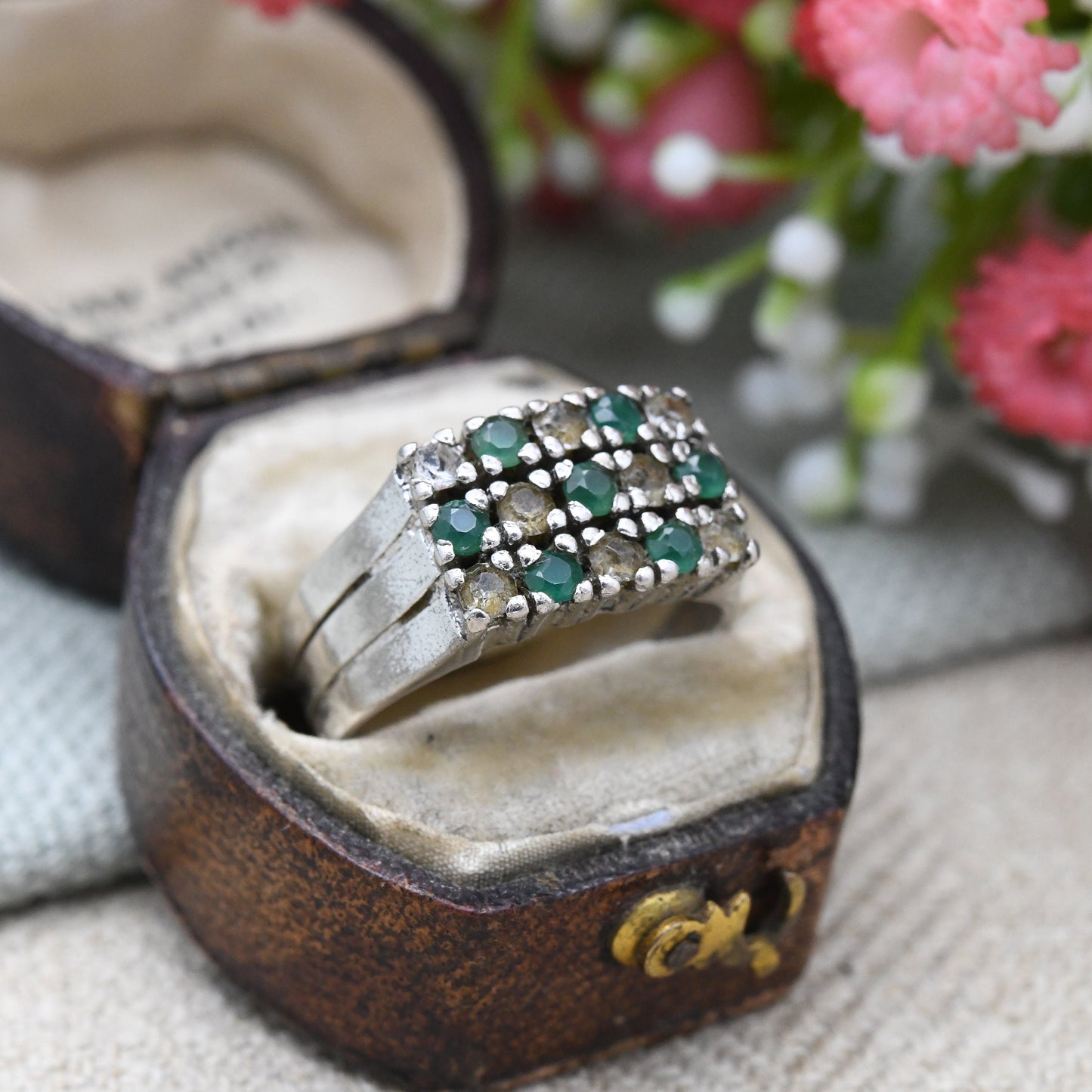 Vintage European Silver Emerald and White Stone Triple Band Ring - Rectangle Cocktail Ring | UK Size - O 1/2 | US Size - 7 1/2