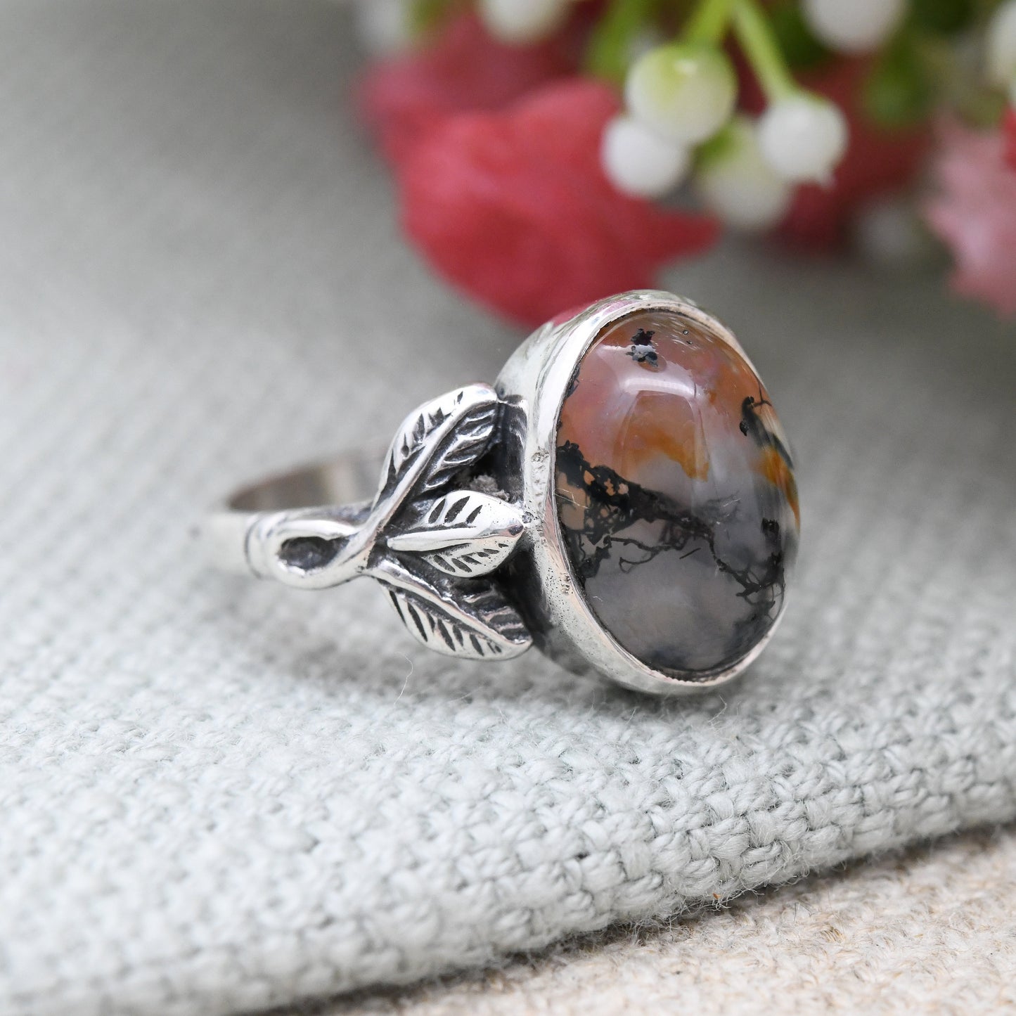 Vintage Sterling Silver Moss Agate Ring with Leaf Setting - Statement Mid-Century Gemstone Orange Green | UK Size - K 1/2 | US Size - 5 1/2