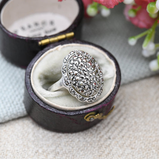 Vintage Sterling Silver Marcasite Cluster Boule Ring - Statement Cocktail Ring | UK Size - L | US Size - 5 3/4