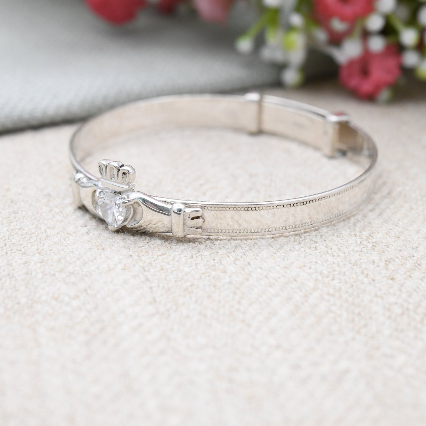 Vintage Sterling Silver Baby Bangle Bracelet with Claddagh CZ Heart - Expanding Child Bangle | Irish Hands Holding Heart | Sparkly Gift