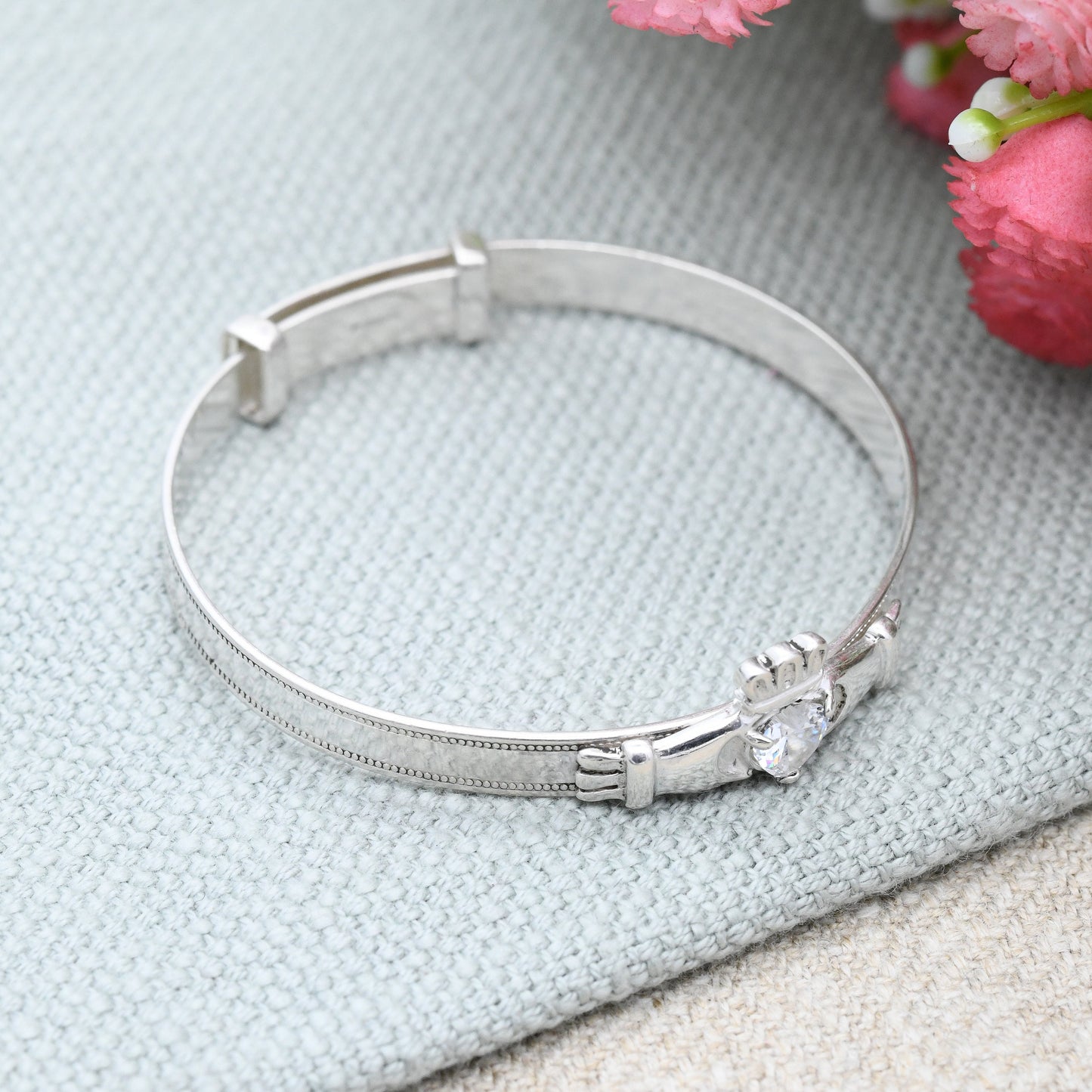 Vintage Sterling Silver Baby Bangle Bracelet with Claddagh CZ Heart - Expanding Child Bangle | Irish Hands Holding Heart | Sparkly Gift