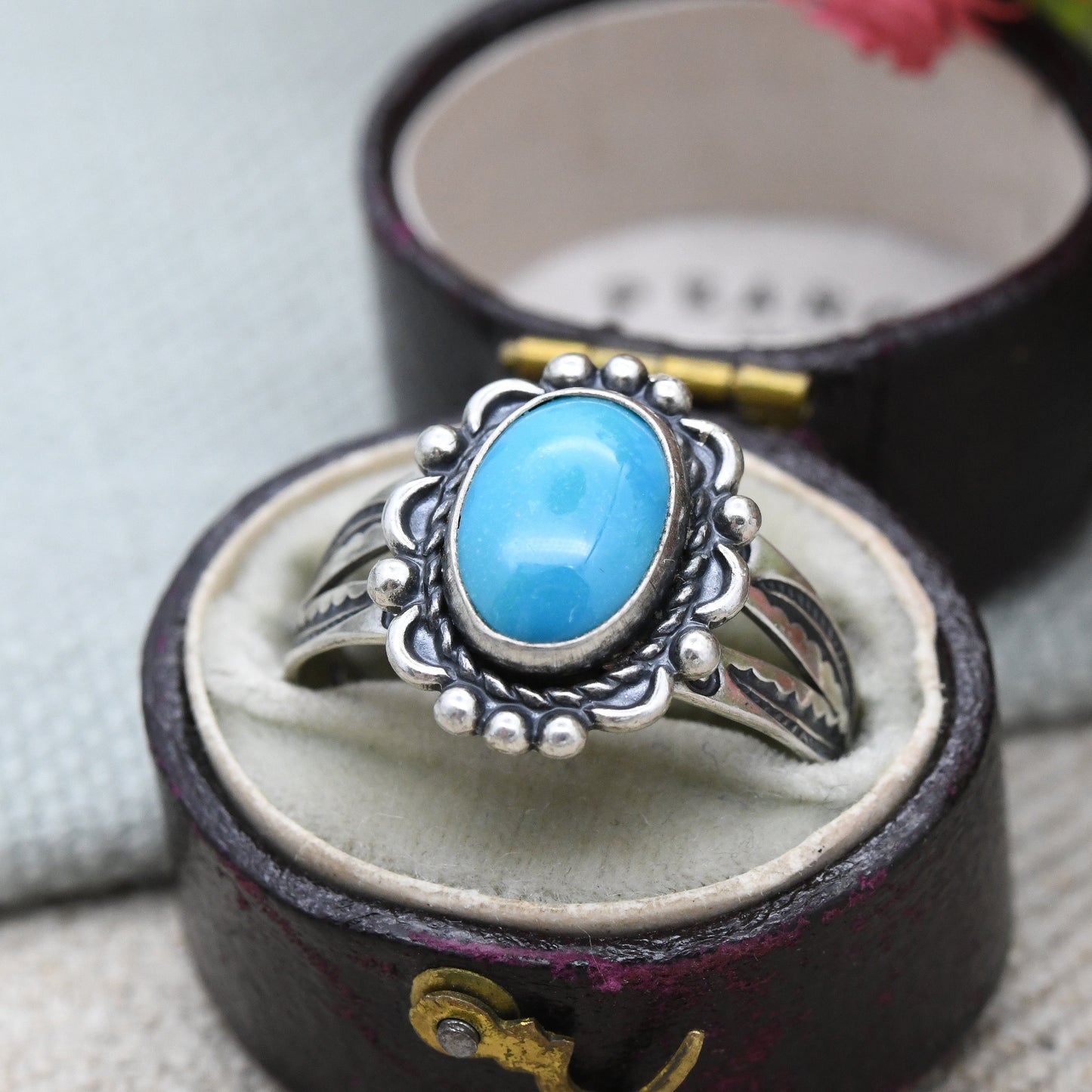 Vintage Bell Trading Post Sterling Silver Turquoise Ring - Southwestern Silver | Pretty Engraving Ornate | UK Size - Q 1/2 | US Size - 8 1/4