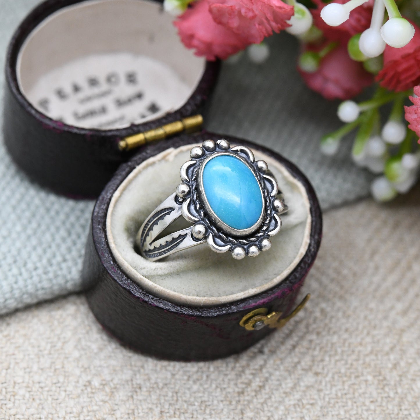 Vintage Bell Trading Post Sterling Silver Turquoise Ring - Southwestern Silver | Pretty Engraving Ornate | UK Size - Q 1/2 | US Size - 8 1/4