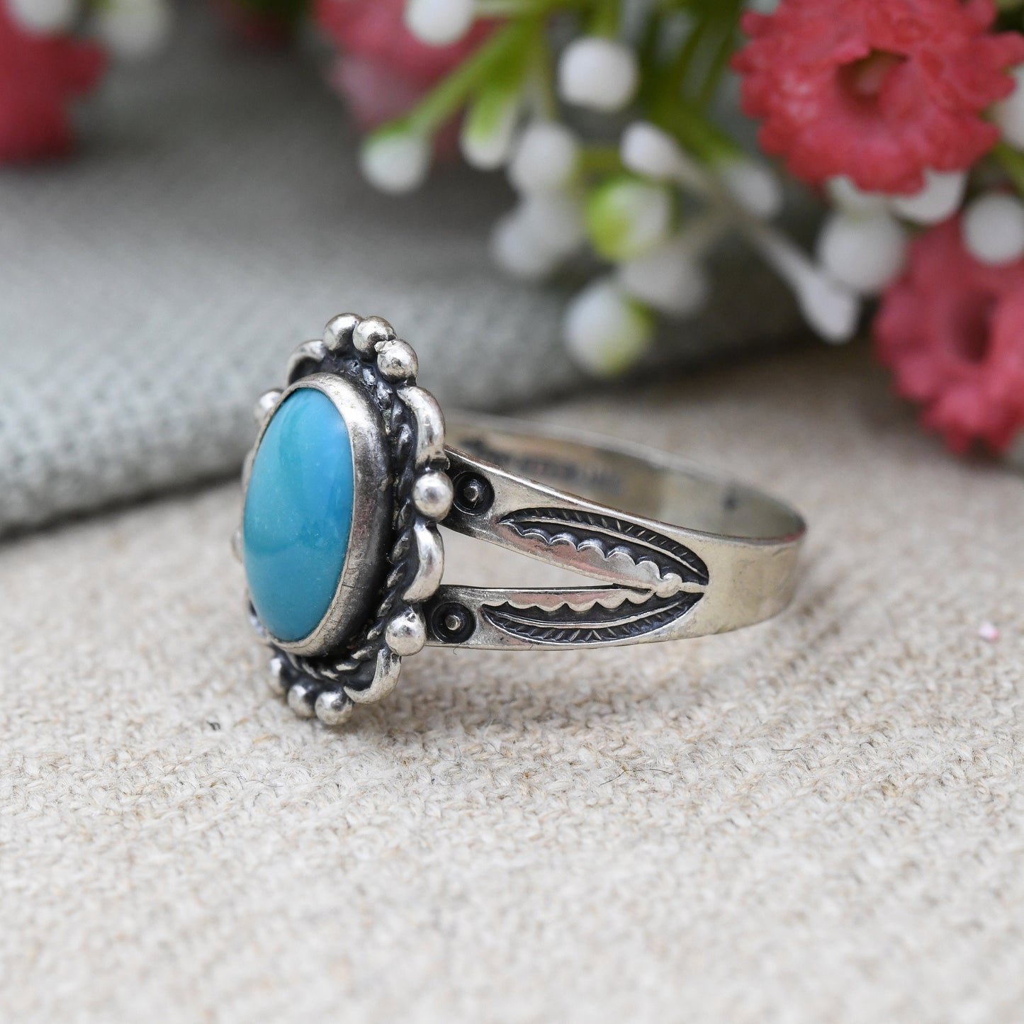 Vintage Bell Trading Post Sterling Silver Turquoise Ring - Southwestern Silver | Pretty Engraving Ornate | UK Size - Q 1/2 | US Size - 8 1/4