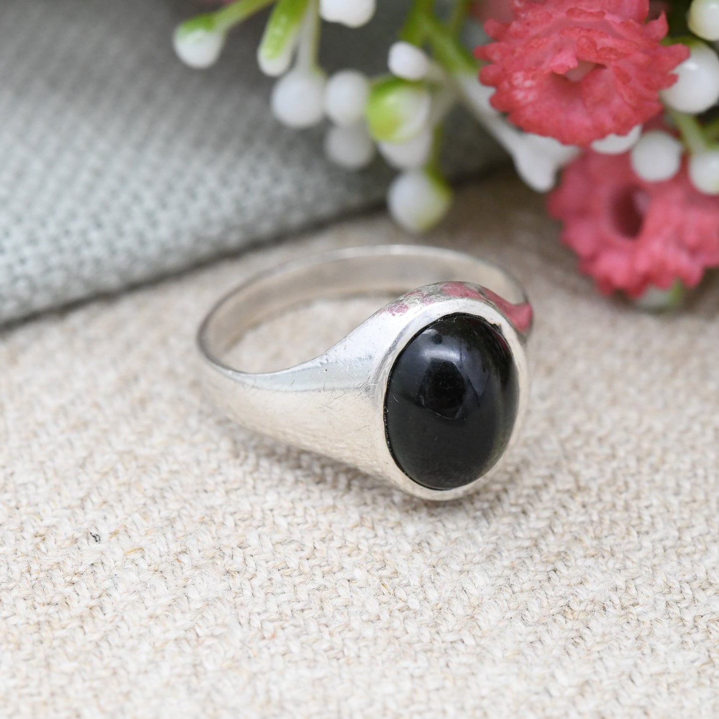 Vintage Sterling Silver Black Tiger's Eye Signet Ring - Unusual Chatoyant Dark Gemstone Unisex Jewellery | UK Size - P | US Size - 7 1/2