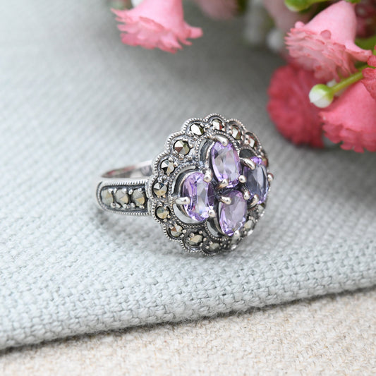 Vintage Sterling Silver Amethyst Marcasite Ring - Chunky Sparkly Statement Cocktail Ring | UK Size - N | US Size - 6 3/4