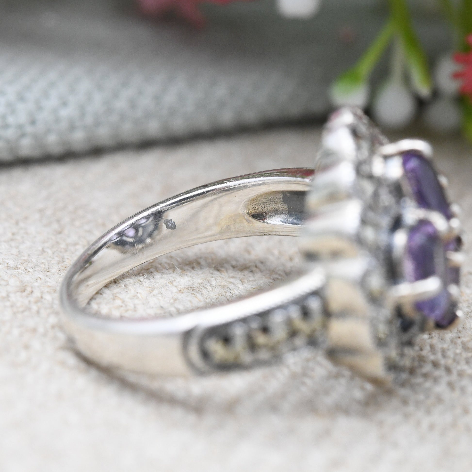 Vintage Sterling Silver Amethyst Marcasite Ring - Chunky Sparkly Statement Cocktail Ring | UK Size - N | US Size - 6 3/4